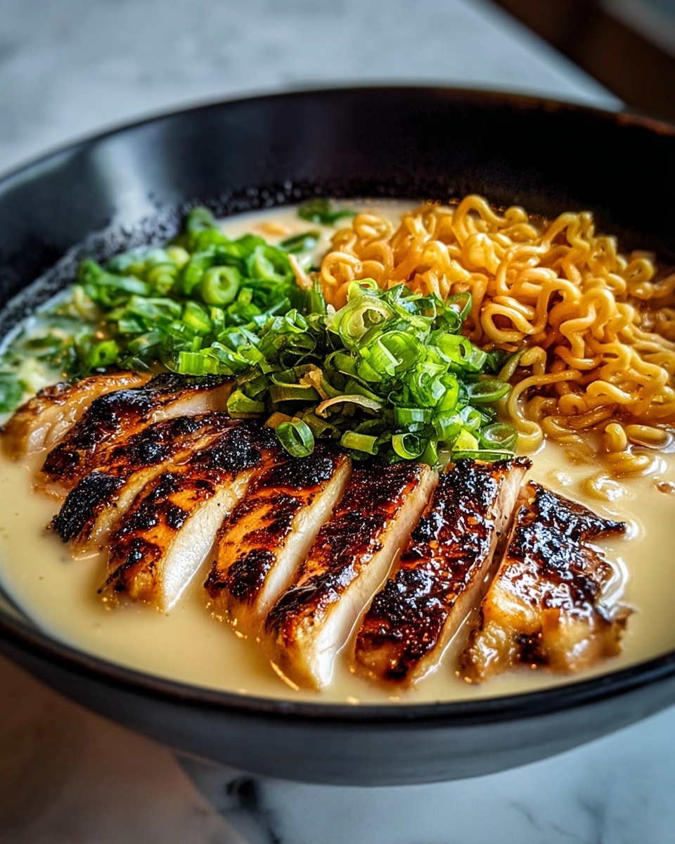 A bowl of ramen with creamy light beige broth fills the base, topped with a neat row of sliced grilled chicken displaying a glossy, dark brown charred crust and tender white inside on the right side. To the left of the chicken, there is a pile of bright green chopped scallions, adding freshness and color contrast. Behind these two layers, a nest of golden, curly noodles sits, slightly elevated and clumped together. The dish is served in a black bowl, set against a white marbled texture. Photo taken with an iphone --ar 4:5 --v 7