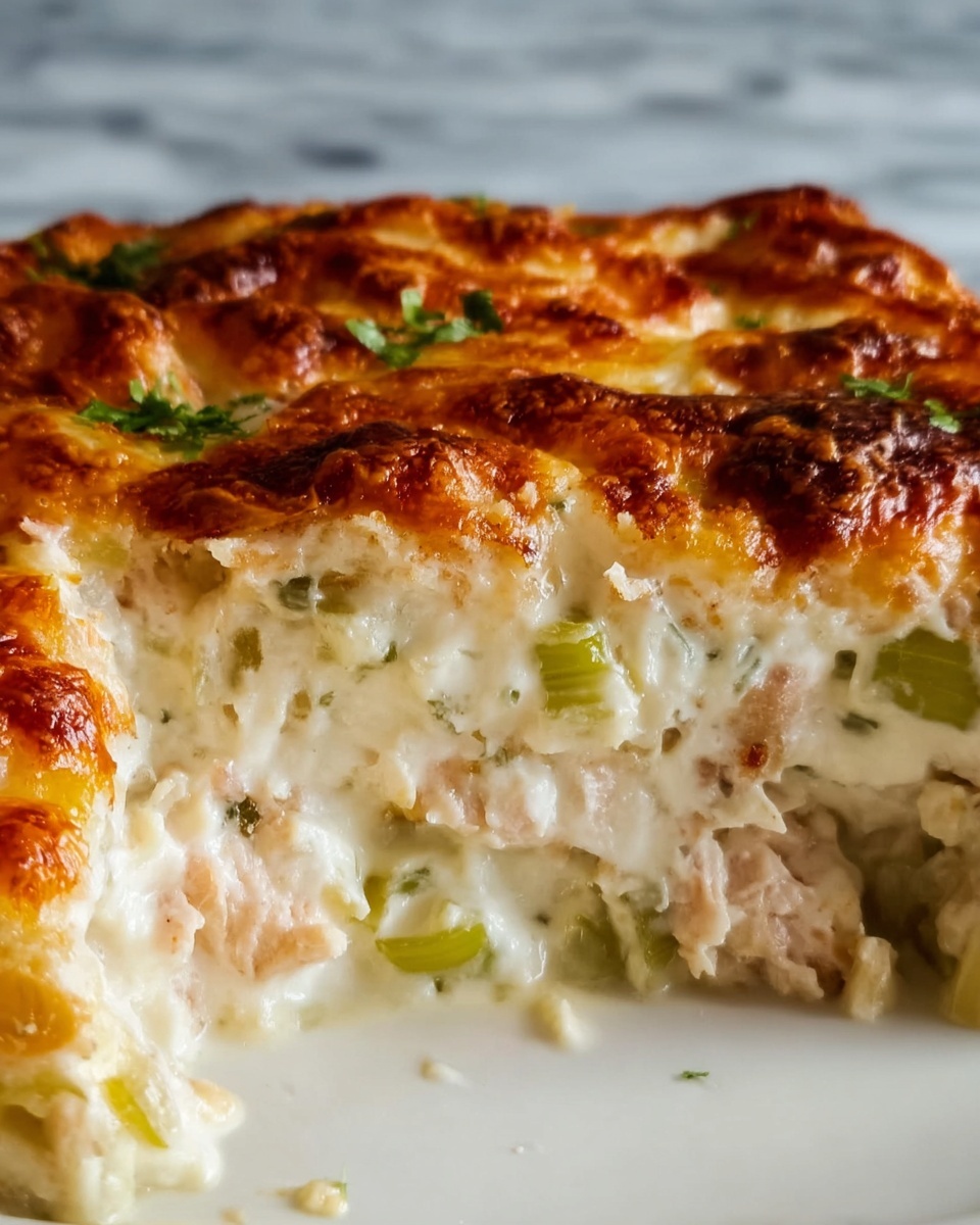 The image shows a close-up of a creamy baked dish with a golden brown top layer that is crispy and slightly bubbly. This top layer has a rich, toasted cheese texture with small bits of green herbs sprinkled over it. Below the main crust, there is a thick, creamy white sauce mixed with light green pieces, likely celery or similar vegetables, and chunks of tender, pale pink meat, possibly chicken or turkey. The dish looks soft and rich inside, creating a contrast with the crunchy golden layer on top. The background shows a white marbled surface. photo taken with an iphone --ar 4:5 --v 7