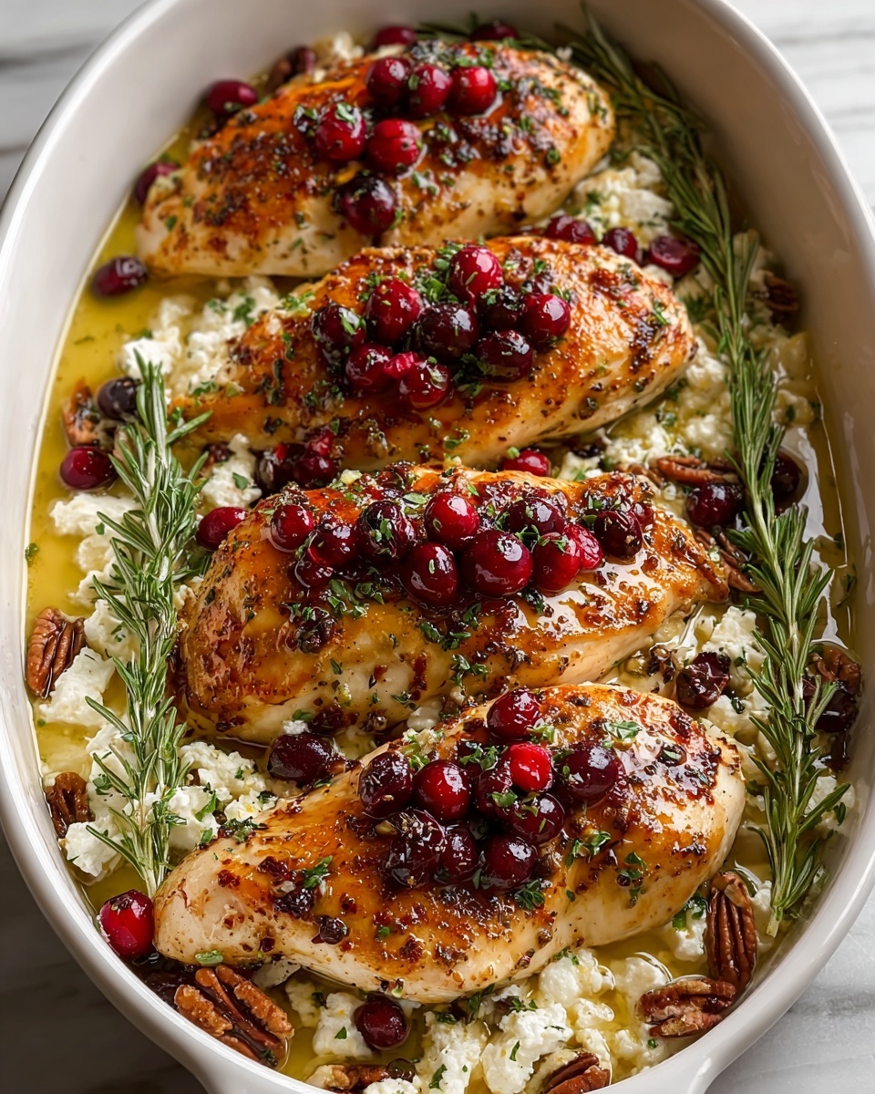 A white baking dish filled with four golden brown roasted chicken breasts, each topped with bright red cranberries and fresh green rosemary sprigs. The chicken rests on a bed of white, crumbly cheese that looks creamy and soft, mixed with scattered roasted pecan halves. The dish is coated with a glossy sauce that pools slightly around the edges, sprinkled lightly with chopped herbs that add small green flecks on the chicken and cheese layers. The whole dish sits on a white marbled surface. Photo taken with an iphone --ar 4:5 --v 7