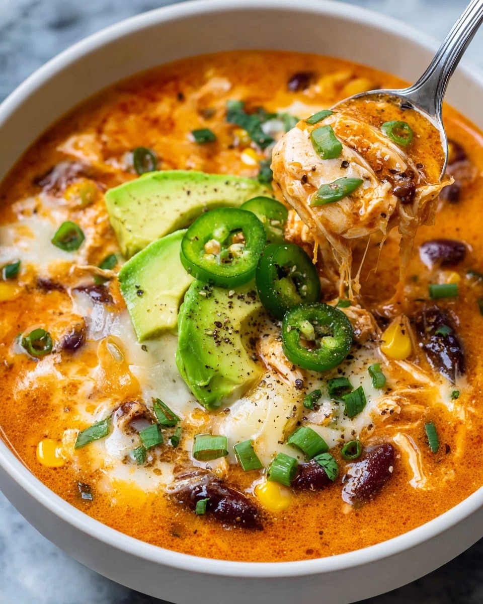 A close-up view of a thick orange soup in a white bowl, with visible layers of shredded chicken, yellow corn, and dark red beans mixed in, topped with melted white cheese. Slices of bright green jalapeño peppers and sliced avocado with a sprinkle of freshly cracked black pepper sit in the center, along with chopped green onions scattered on top. A spoon is lifting some soup, showing the mix of cheesy, chunky textures and colors. The whole dish rests on a white marbled texture. Photo taken with an iphone --ar 4:5 --v 7