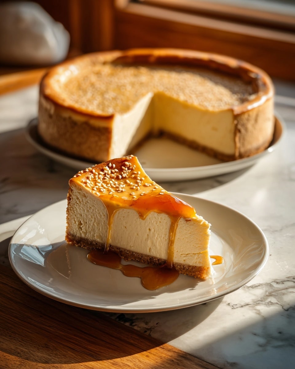 A slice of creamy pie with three layers is placed on a white plate. The bottom layer is a light brown, crumbly crust. Above it is a thick, smooth, pale beige filling that looks soft and dense. The top layer is a shiny amber caramel glaze that glistens and drips down the sides of the slice. Small white sprinkles are scattered on the caramel. In the background, the remaining pie without the slice is visible with the same layers. The setup is on a wooden surface near a window with warm, natural light. Photo taken with an iphone --ar 4:5 --v 7