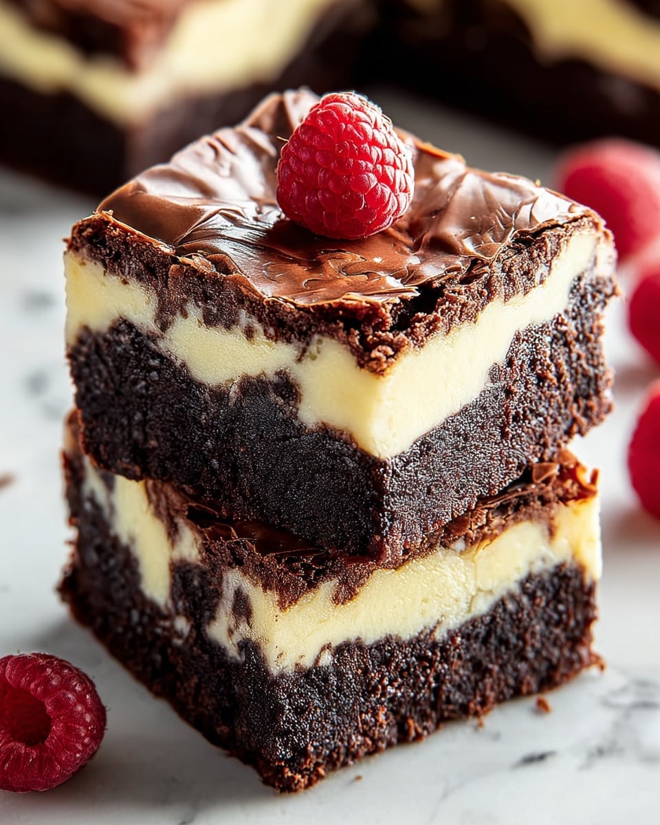 Two stacked brownie squares with three visible layers are shown on a white marbled texture. The bottom layer is dark brown and dense with a slightly crumbly texture. The middle layer is creamy light yellow with a smooth, soft look. The top layer is a thin, shiny, cracked dark brown chocolate crust. A single small red raspberry sits on top of the upper brownie. Around the brownies, several more small fresh raspberries are scattered. Photo taken with an iphone --ar 4:5 --v 7
