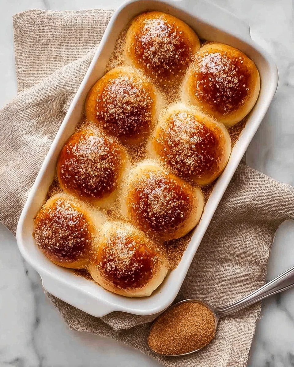 The image shows a white rectangular baking dish filled with eight soft, round dinner rolls arranged tightly in two rows – four in the top row and four in the bottom row. Each roll has a golden brown top covered with a shiny glaze that looks sticky and sweet. A light dusting of cinnamon sugar is sprinkled on top of each roll, adding a textured look with tiny sugar crystals. Next to the dish is a silver spoon filled with more cinnamon sugar resting on a beige cloth. The whole scene is set on a white marbled surface that adds a clean, bright background to the rich colors of the rolls. photo taken with an iphone --ar 4:5 --v 7