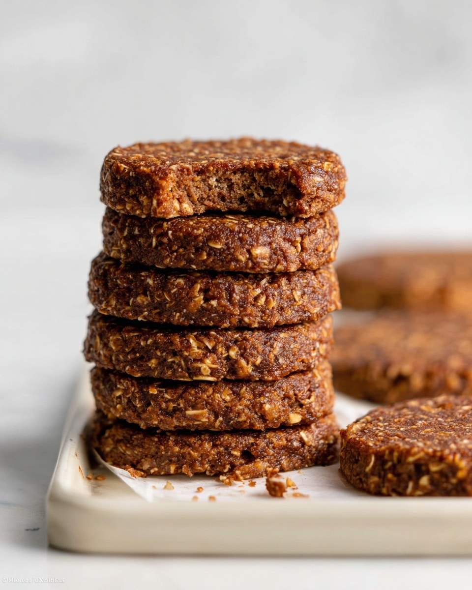 A close-up view of a stack of five round cookies with a rough texture and a rich brown color, showing visible oats or nuts inside, placed on a rectangular white tray with some crumbs around. One cookie in the background is lying flat and another is partially visible on the side, all set on a white marbled surface. The top cookie of the stack has a small bite taken from it, revealing its dense and chewy inside. Photo taken with an iphone --ar 4:5 --v 7