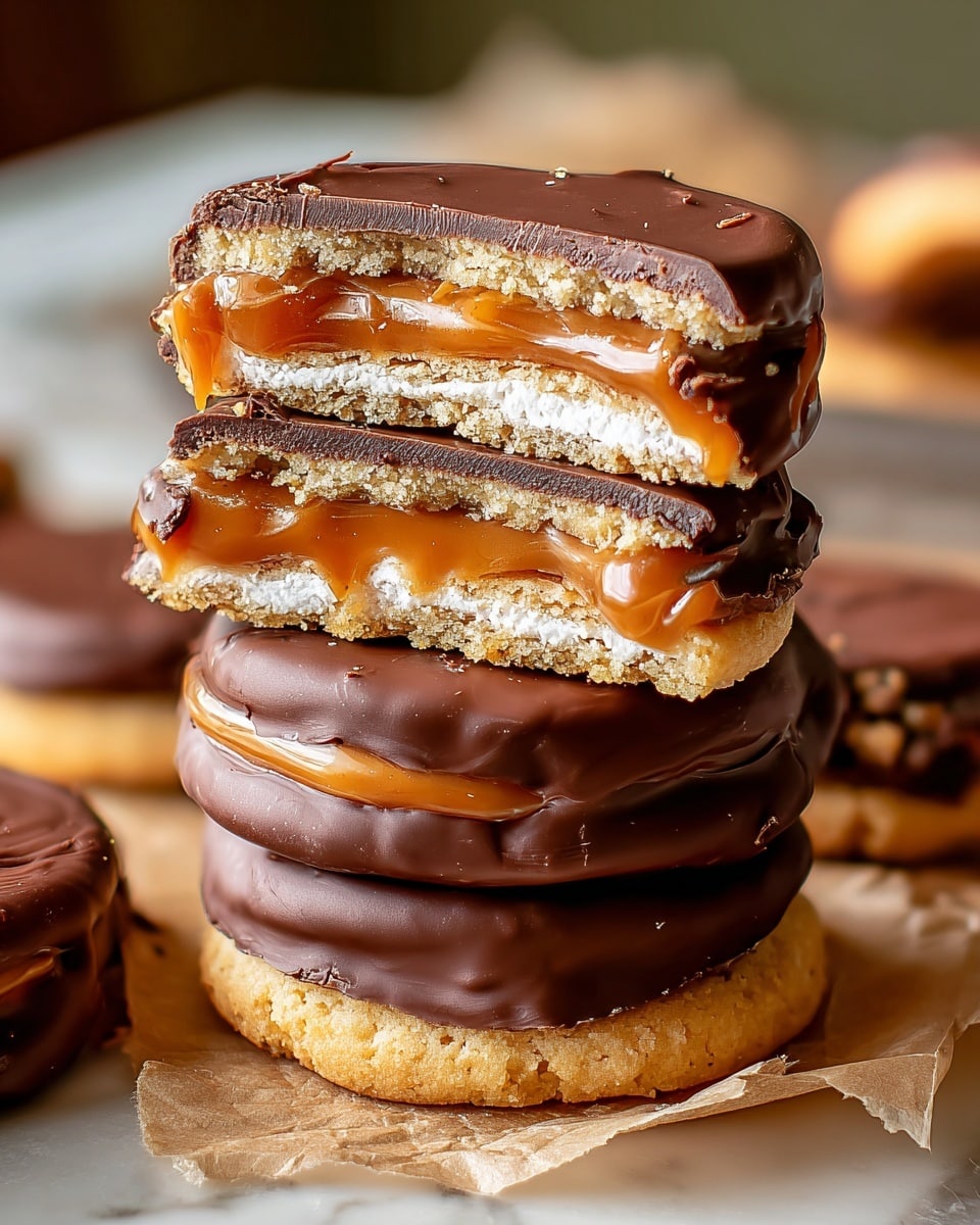 A stack of chocolate-covered cookie treats is shown on a crinkled parchment paper over a white marbled surface. The bottom three whole cookies have a light golden base with a smooth and glossy dark chocolate layer on top. Resting on them are two cookies cut in half, revealing four distinct layers: a crumbly light golden cookie base, a thin white layer, a thick caramel layer with a soft, slightly shiny texture, and finally, a dark chocolate top layer that glistens in the light. The cookies have slight cracks and crumbs on the edges, with the caramel stretching gently between the two cut halves. The background is softly blurred, highlighting the rich textures and warm colors of the stack. Photo taken with an iphone --ar 4:5 --v 7