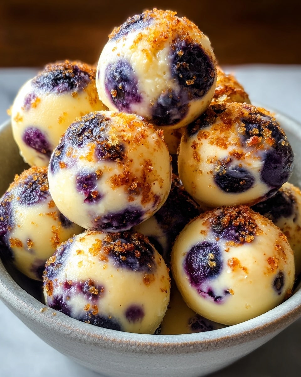 A close-up view of a bowl filled with several round blueberry cheesecake bites. Each bite is smooth and creamy pale yellow with deep purple blueberry spots, topped with a light toasted brown crust that adds texture and color contrast. The cheesecake bites are stacked closely inside a white bowl with a matte finish on a white marbled surface, showing small crumbs and slightly uneven toasted spots on the rounded tops. photo taken with an iphone --ar 4:5 --v 7