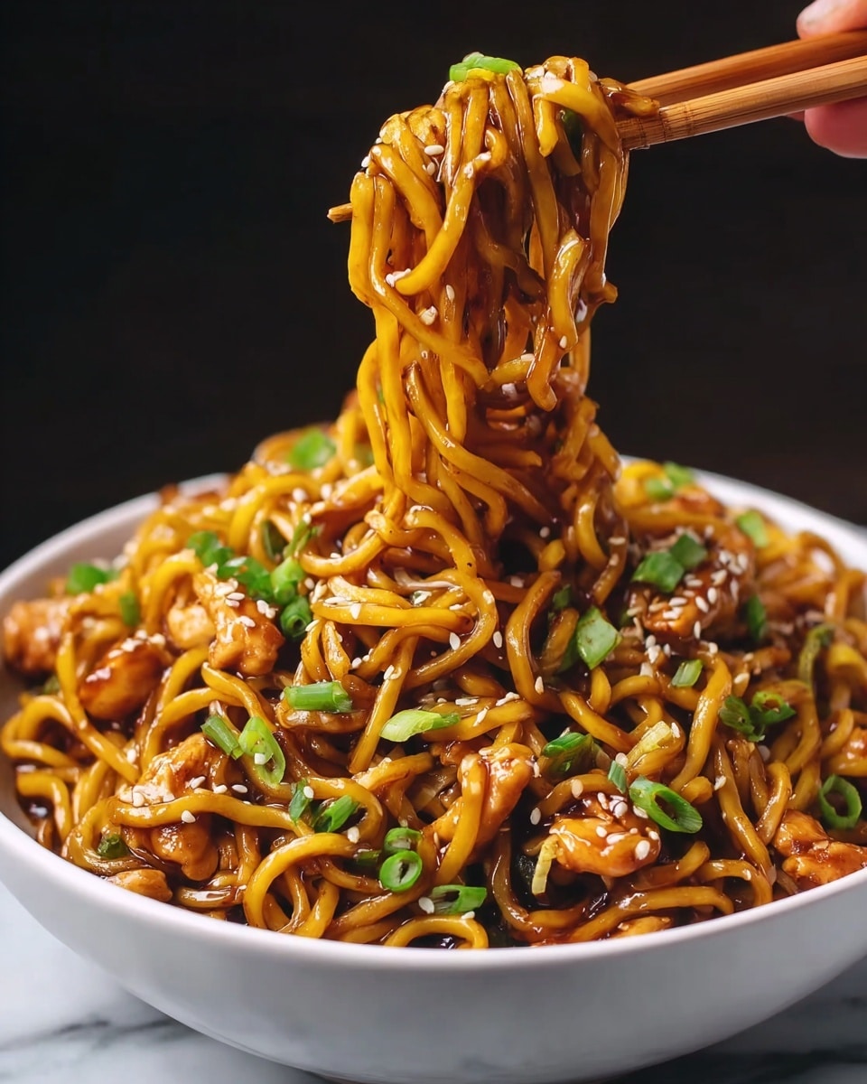 A close-up view of a white bowl filled with glossy, stir-fried yellow noodles coated in a rich, dark brown sauce. Small pieces of cooked chicken are mixed in, adding a golden-brown color and slightly crispy texture. The dish is topped with bright green chopped scallions and sprinkled with white sesame seeds, providing contrast and a fresh look. A pair of wooden chopsticks held by a woman's hand lifts a tangled portion of the noodles above the bowl. The background is dark, making the colors of the noodles and toppings stand out against the white bowl, all placed on a white marbled surface. photo taken with an iphone --ar 4:5 --v 7