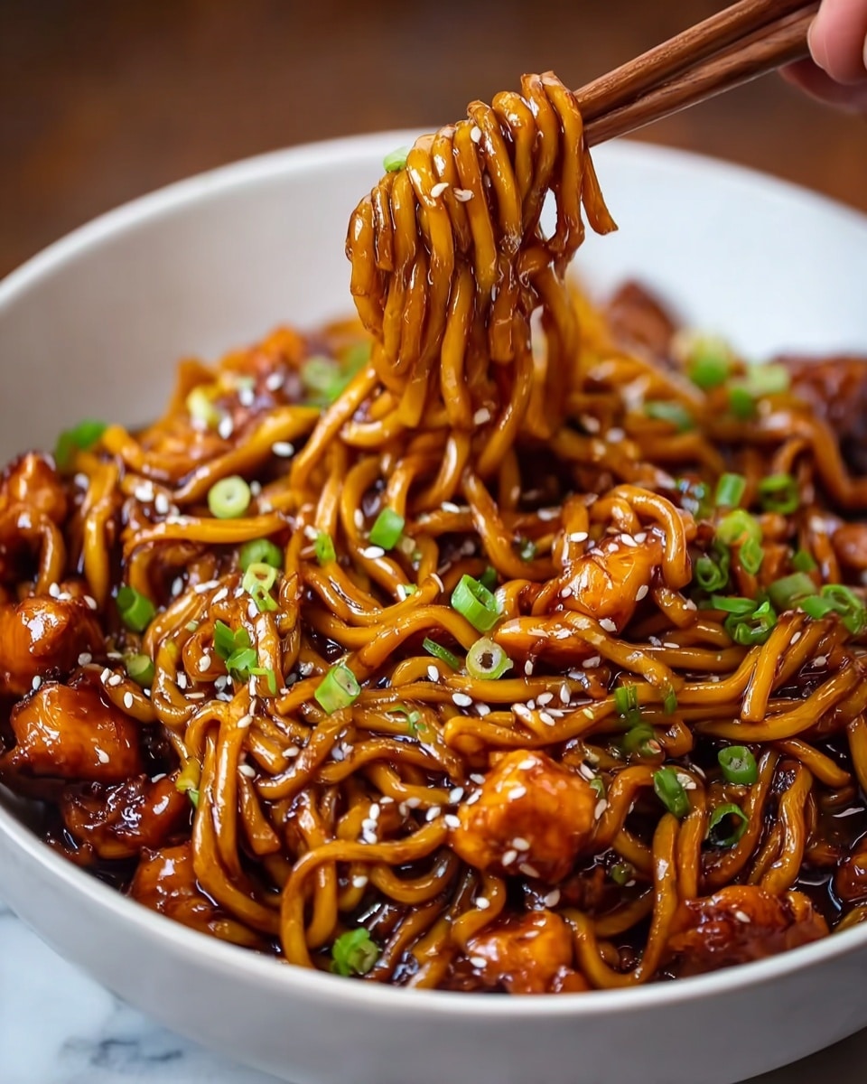 A close-up view of a white bowl filled with glossy, dark brown noodles mixed with small pieces of caramelized orange chicken. The noodles are lifted by a pair of wooden chopsticks held by a woman's hand from the top right, showing their twisted, shiny texture. The dish is garnished with chopped green onions and small white sesame seeds scattered on top, adding color contrast. The background has a white marbled texture, making the rich colors of the noodles and chicken stand out. photo taken with an iphone --ar 4:5 --v 7