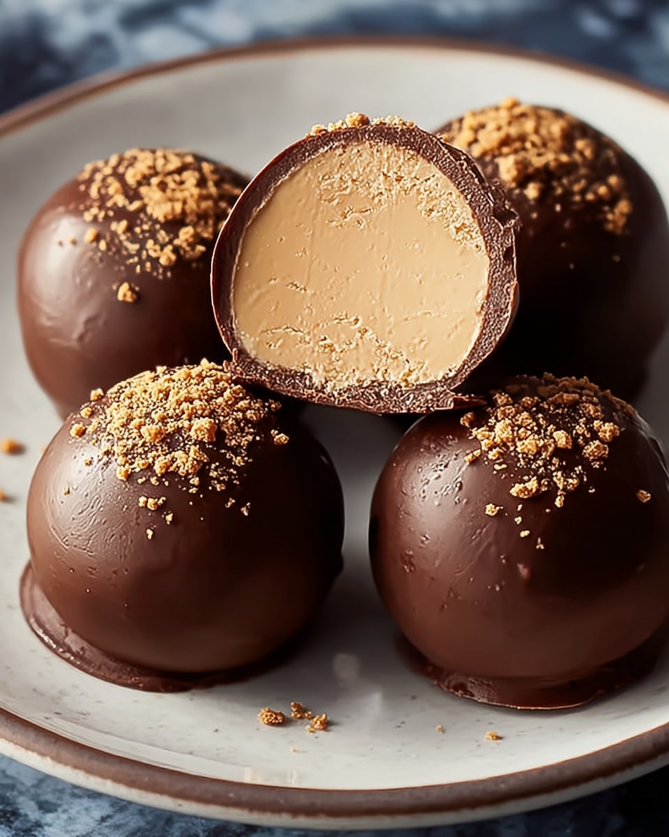 The image shows five round chocolate truffles on a white plate, with three truffles cut in half and placed in front, revealing a smooth and creamy light beige center surrounded by a thick, glossy dark chocolate shell. The tops of the whole truffles are sprinkled with small golden-brown bits, adding texture. The plate has a subtle shine and curves gently upward at the edges, sitting on a white marbled surface that adds a clean, elegant background. The colors contrast well, highlighting the rich dark brown chocolate against the pale filling. Photo taken with an iphone --ar 4:5 --v 7