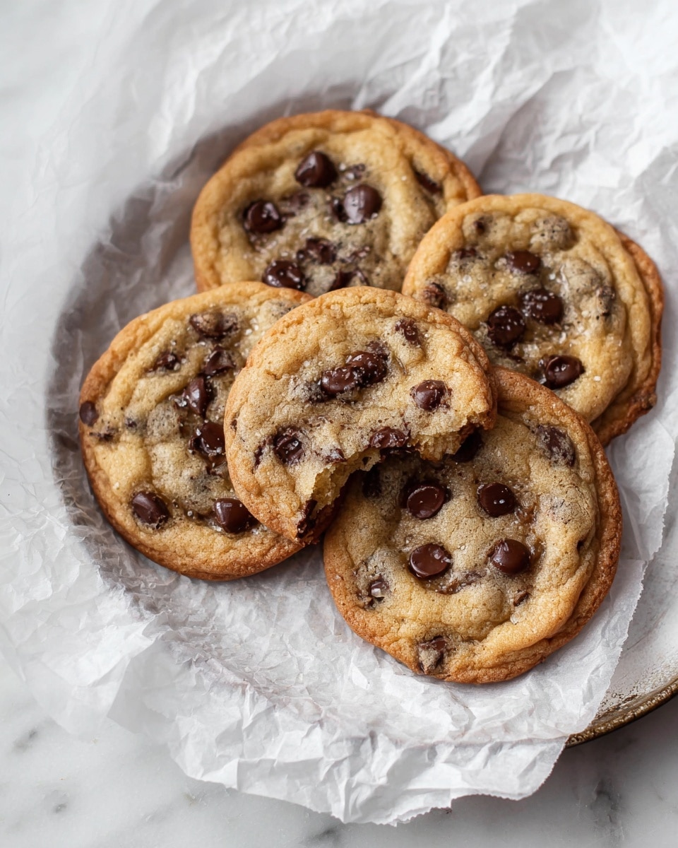 A group of five round chocolate chip cookies with golden-brown edges and a soft, slightly wrinkled surface full of dark melted chocolate chips, arranged closely on crumpled white parchment paper in a round pan. One cookie, placed at the front, has a bite taken from its right side, revealing a gooey, melted chocolate interior. The pan rests on a white marbled surface, adding a clean contrast to the warm tones of the cookies and chocolate. photo taken with an iphone --ar 4:5 --v 7