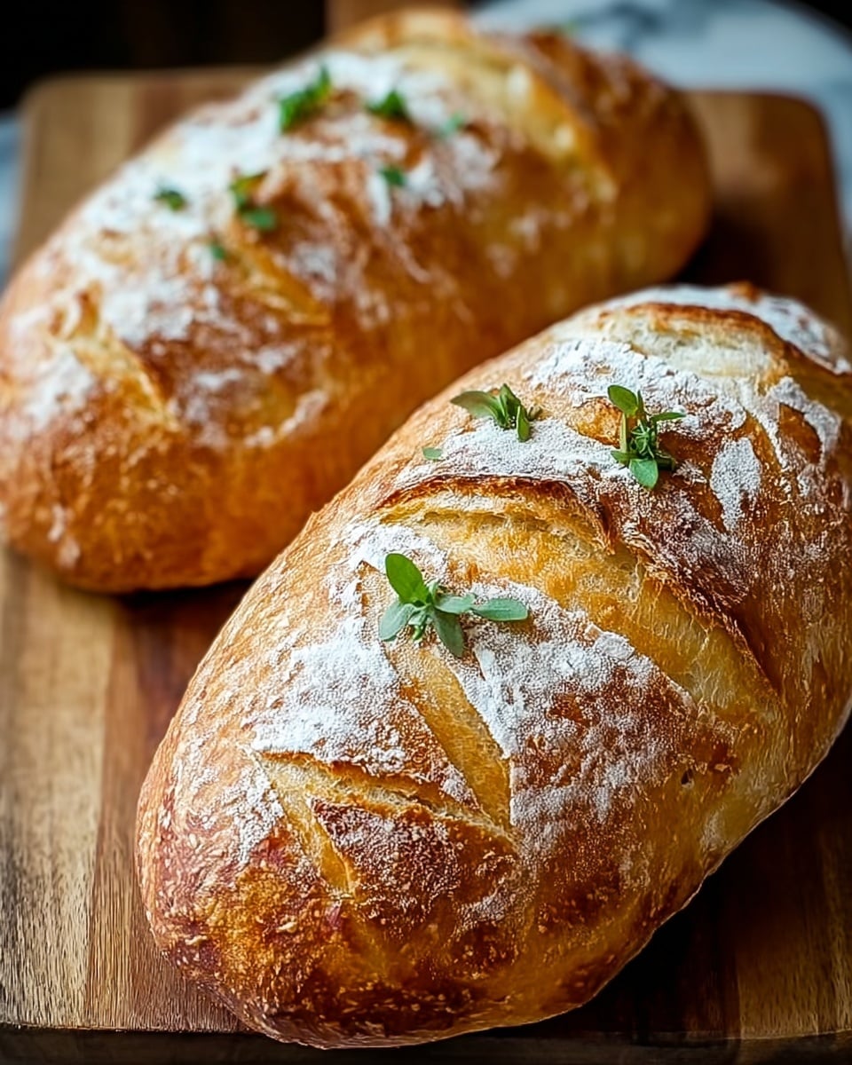 The image shows two loaves of crusty bread with a golden-brown, slightly cracked crust dusted lightly with white flour. Each loaf has a textured surface with a few deeper creases and a small sprig of green herb on top for decoration. The bread rests closely side by side on a wooden board, which is placed on a white marbled texture. The lighting highlights the crispy crust and soft inner parts of the bread, creating a warm and fresh look. Photo taken with an iphone --ar 4:5 --v 7