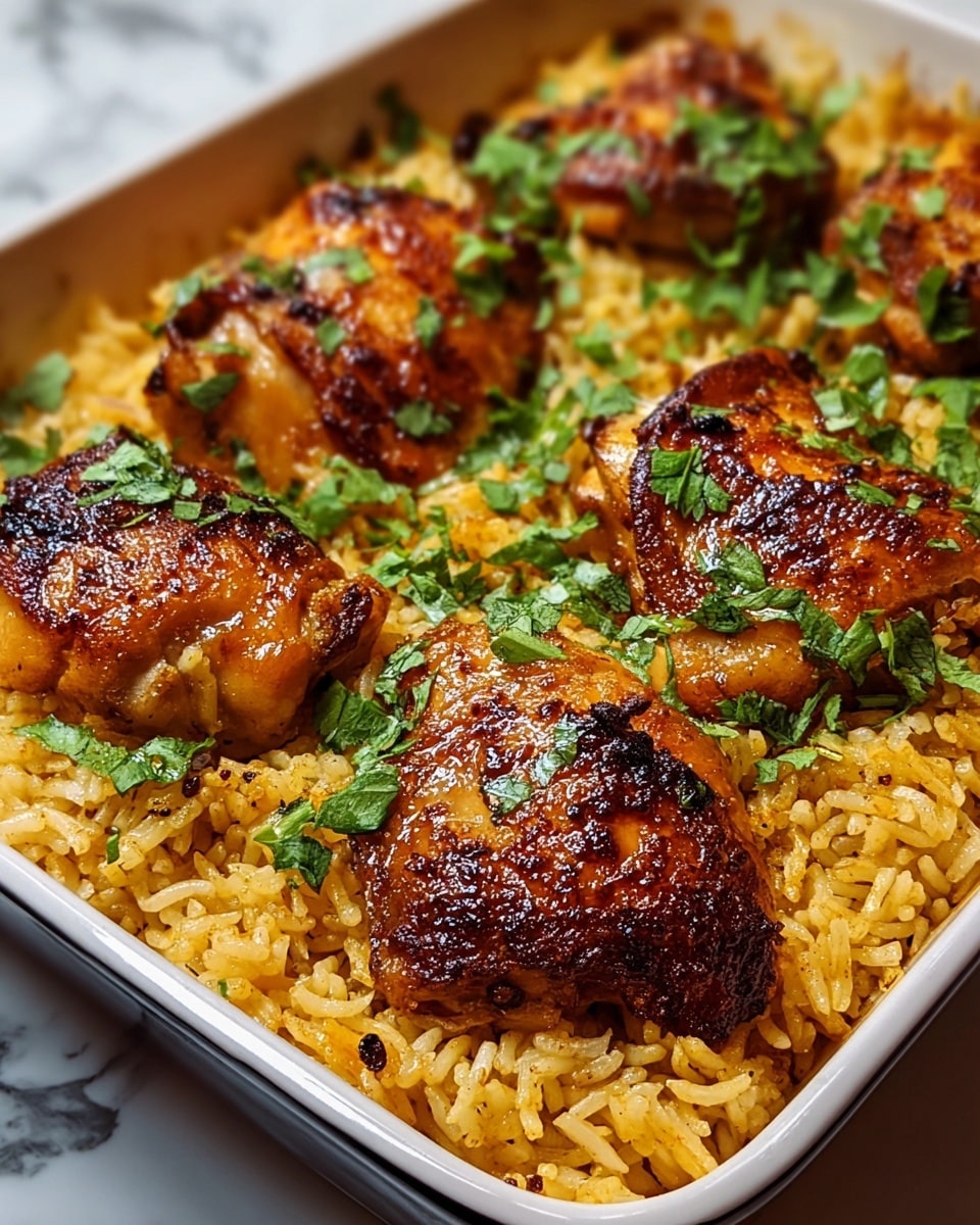 The image shows a dish with two main layers: the bottom layer is a bed of golden-yellow cooked rice, slightly oily with individual grains visible and some seasoning specks, while the top layer consists of several browned, richly caramelized chicken pieces with crispy skin and a juicy texture. Fresh green herbs are sprinkled evenly over the chicken and rice, adding a bright contrast. The dish is served in a white rectangular baking dish, and the background features a white marbled texture. photo taken with an iphone --ar 4:5 --v 7