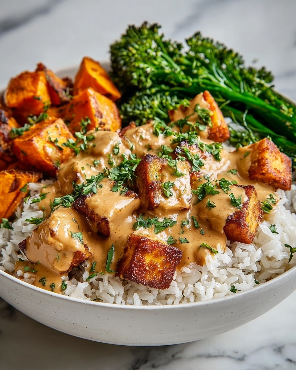 A white bowl filled with a base layer of fluffy white rice, on top of which are golden-brown crispy tofu cubes covered with a creamy, light brown peanut sauce. Behind the tofu, there are chunks of roasted orange sweet potatoes, and to the right there's a small bunch of bright green broccolini. The dish is sprinkled with fresh chopped green herbs, all set on a white marbled surface. photo taken with an iphone --ar 4:5 --v 7