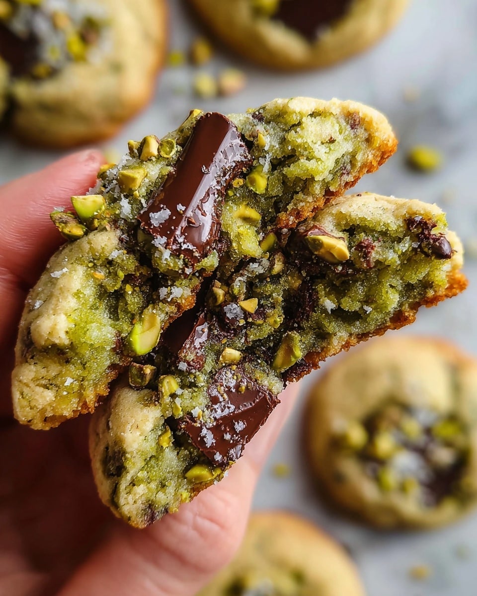 A close-up of a golden-brown cookie held by a woman's hand, broken in half to show a gooey green pistachio filling inside, with large, shiny dark chocolate chunks embedded on top and scattered crushed pistachio pieces adding texture. The cookie surface looks soft and slightly crumbly, with visible specks of pistachio throughout. The background shows a blurred white marbled texture with more cookies out of focus. Photo taken with an iphone --ar 4:5 --v 7