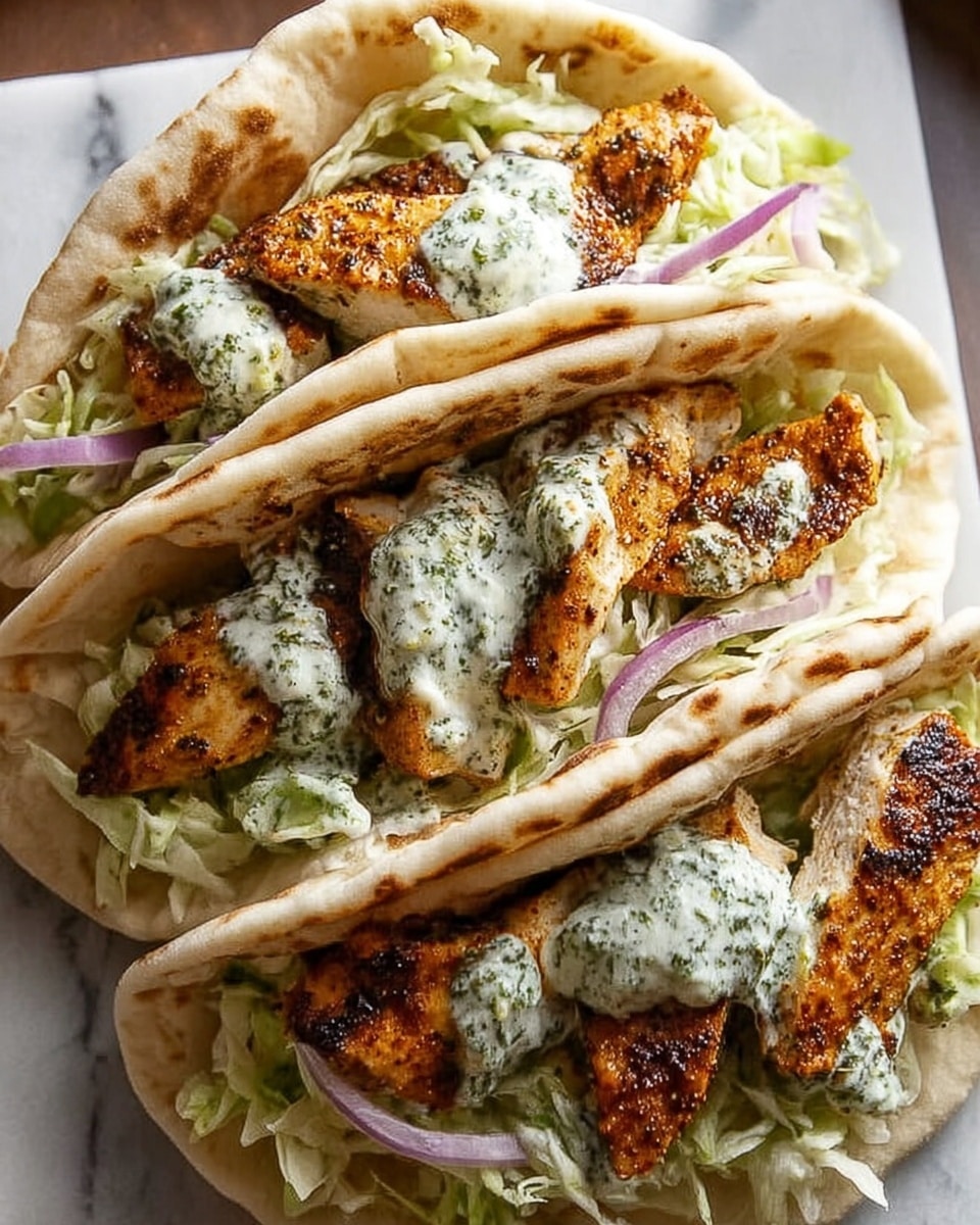 The image shows three soft pita sandwiches stacked close together, each filled with grilled chicken pieces that have a golden-brown crust with some herbs visible. Below the chicken is a creamy, green herb sauce mixed with shredded lettuce and thin slices of red onion, creating a fresh and colorful filling. The pita bread is lightly toasted with brown spots, folded over the filling, and all sandwiches are placed on a white marbled surface. Photo taken with an iphone --ar 4:5 --v 7