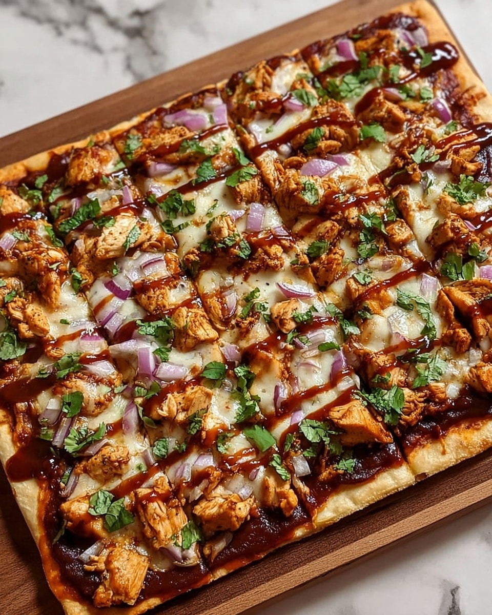 A square pizza sits on a wooden board over a white marbled surface, with a thin, golden-brown crust as the base. The first layer is a rich, dark reddish-brown barbecue sauce spread evenly. On top of this is a layer of melted, creamy white cheese that covers most of the surface but leaves some sauce visible. Over the cheese, bite-sized pieces of cooked, lightly browned chicken are scattered across the pizza. Thin slices of purple onion are spread unevenly between the chicken pieces. The pizza is garnished with chopped fresh green cilantro leaves, and drizzled with more dark brown barbecue sauce in thin stripes across the top. Photo taken with an iphone --ar 4:5 --v 7