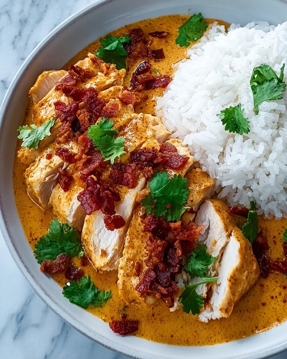 The dish shows a white bowl filled with yellow creamy curry sauce at the bottom, giving a smooth texture. On one side, there is a pile of fluffy white rice with a few scattered green cilantro leaves on top. Next to the rice, there are several slices of grilled chicken with a golden-brown char and a hint of dark crisp edges, placed slightly overlapping each other. Fresh green cilantro leaves are sprinkled over the chicken and curry sauce, adding a fresh touch. The bowl rests on a white marbled surface. Photo taken with an iphone --ar 4:5 --v 7