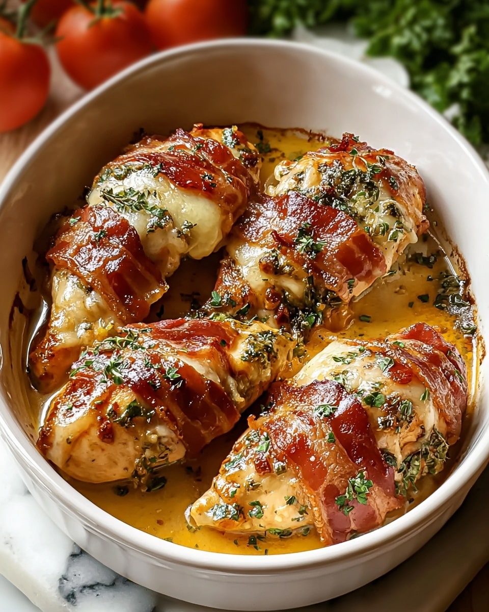The image shows four cooked chicken breasts in a white oval dish, each topped with a crispy bacon strip and melted pale yellow cheese. The chicken has a golden-brown color with a slight glaze, and the bacon is shiny and caramelized. Fresh green herbs are sprinkled over each piece, adding a touch of color contrast. The dish sits on a white marbled surface, with some blurred green leaves and tomatoes in the background. photo taken with an iphone --ar 4:5 --v 7