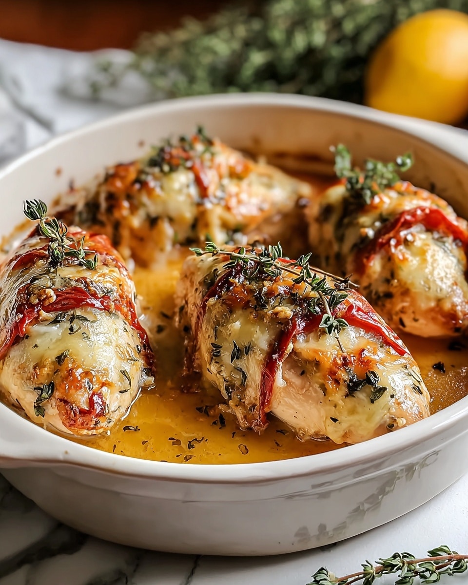 The image shows a white oval dish filled with four baked stuffed chicken breasts. Each chicken piece is golden brown with a shiny, slightly melted cheese layer on top, along with a strip of cooked red tomato or pepper and garnished with fresh green thyme sprigs. The chicken sits in a shallow pool of light brown sauce with visible herbs. The dish is placed on a white marbled surface with some green herbs and yellow lemons blurred in the background. photo taken with an iphone --ar 4:5 --v 7