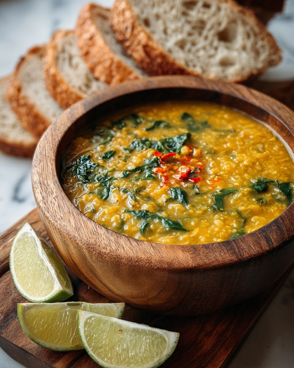 A wooden bowl filled with thick yellow lentil soup, showing visible small lentil pieces mixed with dark green spinach leaves and tiny bits of red chili on top. The soup has a soft, creamy texture with some broth around the edges. Behind the bowl, several slices of crusty bread with a light brown crust and soft white inside are stacked. In the front, two lime wedges rest on the wooden surface. The whole setup is on a white marbled texture surface, creating a warm and fresh look. photo taken with an iphone --ar 4:5 --v 7