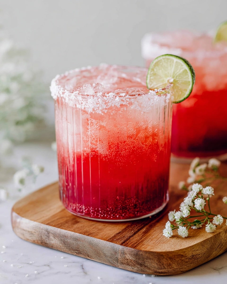 A clear glass with vertical ribbed texture holds a red and pink drink with a gradient from deep red at the bottom to light pink at the top, filled with ice cubes and tiny bubbles throughout. The rim of the glass is coated with coarse salt, and a slice of lime is placed on the edge. The glass is set on a wooden board with small white flowers near the base, and there is a white marbled surface in the background with a second similar glass slightly out of focus. photo taken with an iphone --ar 4:5 --v 7
