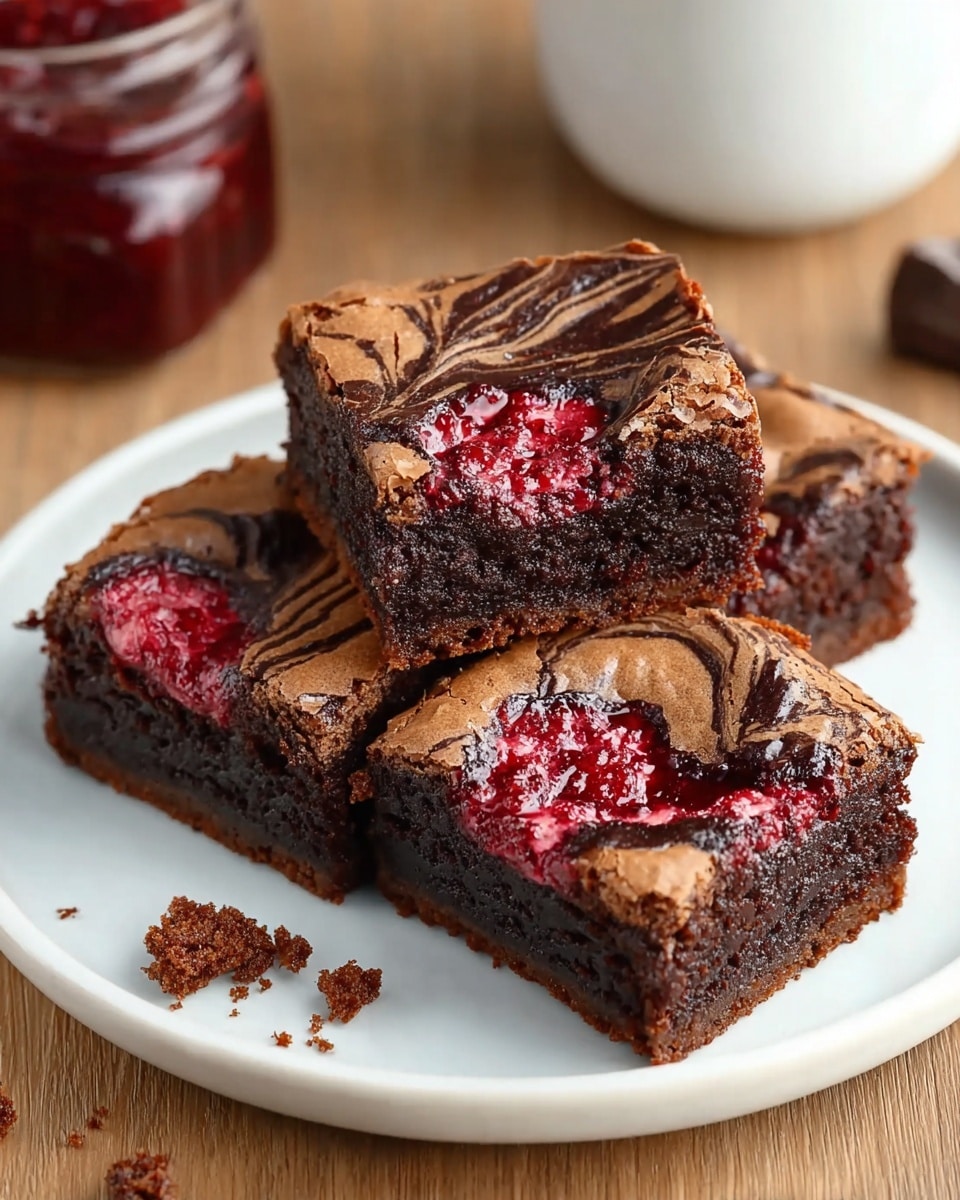 Three square chocolate brownies with a crackly top layer are placed on a white plate. Each brownie has a swirl of dark chocolate and bright red raspberry sauce creating a marbled effect on the surface. The brownies are thick, showing multiple dense, moist layers inside. Crumbs scatter slightly around the plate, which sits on a wooden table with a jar of red jam and part of a white cup in the background. Photo taken with an iphone --ar 4:5 --v 7