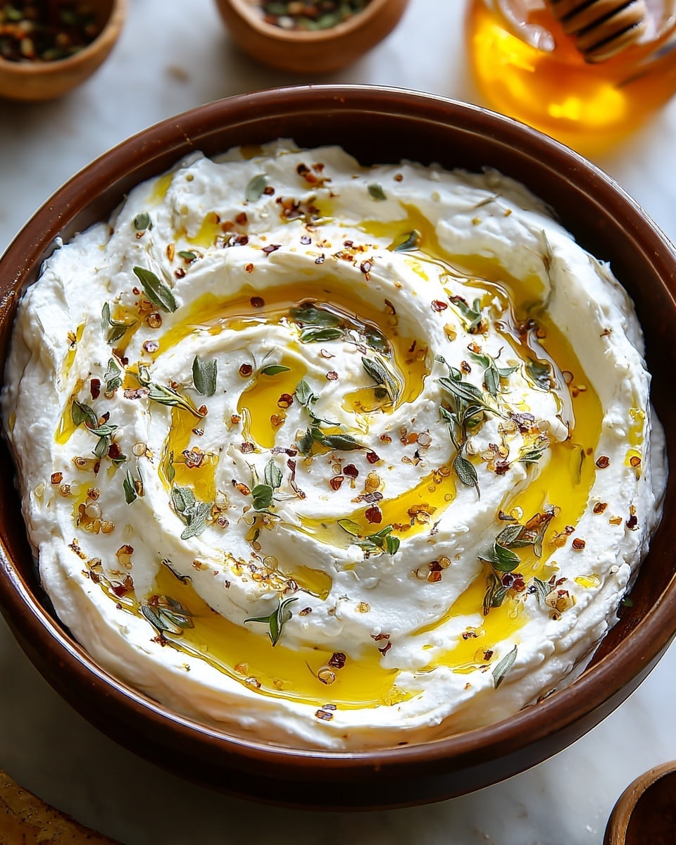 A bowl filled with creamy white whipped ricotta cheese swirled in a spiral pattern, topped with a shiny layer of golden olive oil pooling in the center, sprinkled with small bits of red chili flakes and tiny green herb leaves, and garnished with a fresh sprig of rosemary in the middle. The bowl rests on a white marbled surface, with part of a halved lemon and some garlic cloves visible in the background, along with a small white bowl holding more olive oil. Photo taken with an iphone --ar 4:5 --v 7
