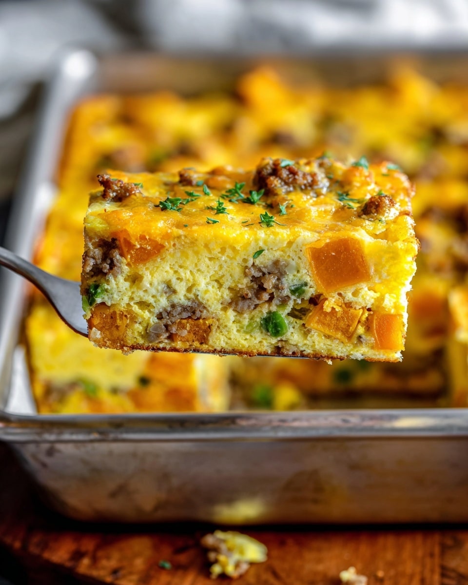 A baked casserole in a silver rectangular pan with a golden brown top layer that is slightly crispy and bubbly. The dish shows visible chunks of orange sweet potato spread evenly across the top layer, with small bits of browned sausage and green herbs scattered throughout. The texture is soft and creamy with some uneven, puffy spots indicating it is egg-based, and some areas have a slight deeper brown caramelized crust. The pan sits on a white marbled surface. photo taken with an iphone --ar 4:5 --v 7