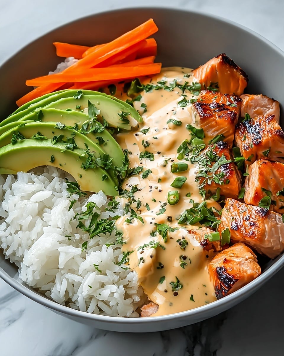 In a white bowl placed on a white marbled texture, there is a colorful meal with five main sections. The first section is plain white rice with soft and fluffy grains. Next to the rice, there are small chunks of grilled salmon with a shiny, slightly charred brown surface, and green herbs sprinkled on top. Beside the salmon, a creamy, light orange sauce with visible pepper specks covers part of the fish, decorated with more green herbs. Above the salmon and sauce, sliced avocado pieces with light green and smooth textures are placed neatly. Finally, in the top left corner of the bowl, there are thin, bright orange carrot sticks adding a fresh crunch. photo taken with an iphone --ar 4:5 --v 7
