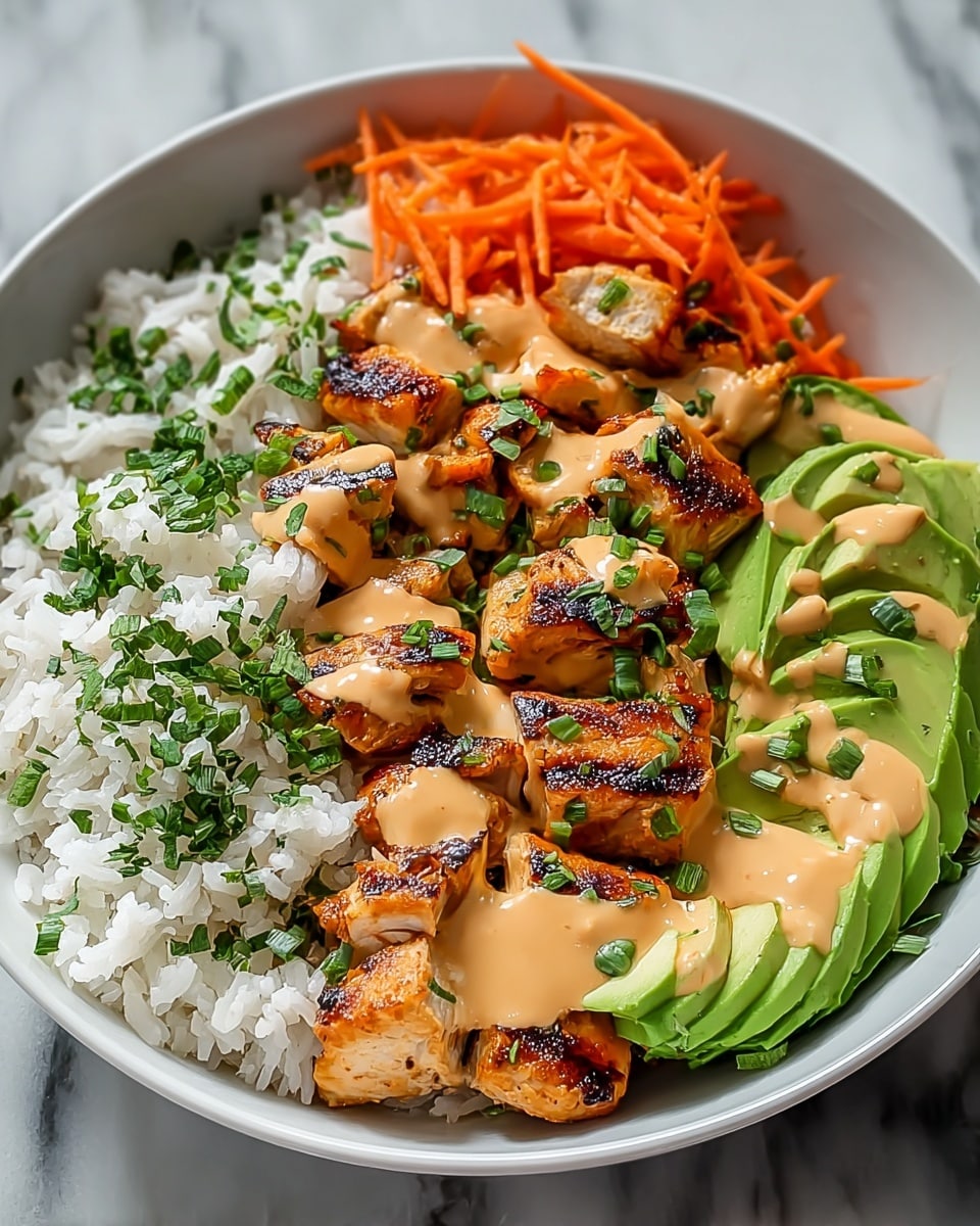 A white bowl filled with four main layers: fluffy white rice with green chopped herbs on the top left, bright orange shredded carrots on the top right, grilled pieces of golden-brown chicken with char marks in the middle, and sliced fresh green avocado at the bottom right. The chicken and avocado have a creamy light brown sauce drizzled over them, and small green herb pieces are sprinkled on top. The bowl sits on a white marbled surface. Photo taken with an iphone --ar 4:5 --v 7