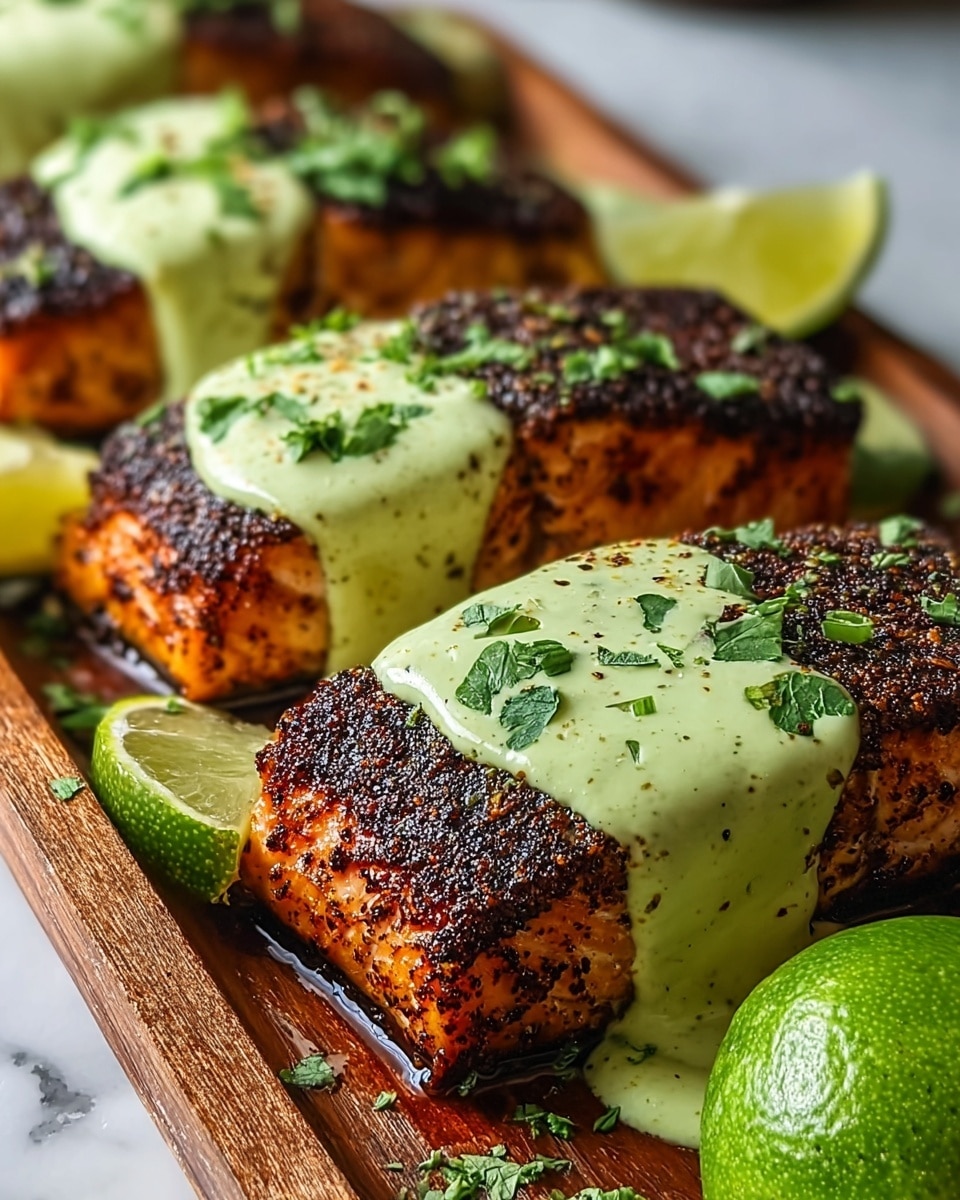 The image shows four thick rectangular pieces of grilled salmon with a dark, crispy, spiced crust on top. Each salmon piece is topped with a thick, light green creamy sauce that drips slightly down the sides. There are small fresh green herb leaves scattered both on the sauce and salmon. In the foreground, there is a quarter lime with a bright green, textured peel. The salmon pieces are placed in a wooden tray on a white marbled surface. Photo taken with an iphone --ar 4:5 --v 7