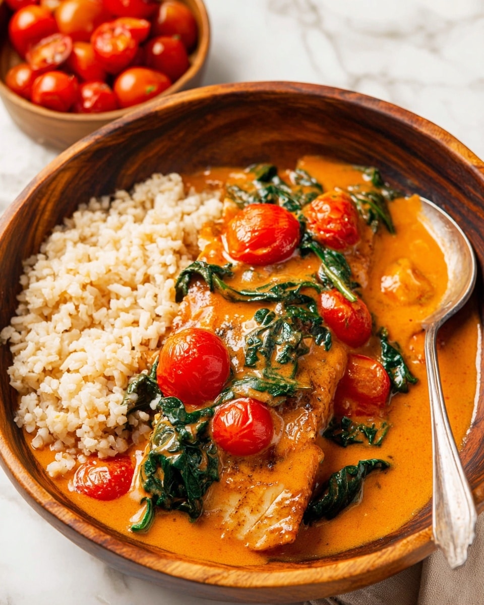 A wooden bowl holds a dish with two main layers: on one side, a light beige grainy texture of cooked rice, and on the other, a thick, orange creamy sauce covering a browned piece of fish. The sauce is dotted with bright red cherry tomatoes and wilted green spinach leaves, adding color contrast. A silver spoon rests on the right side of the bowl, partially submerged in the sauce. The background shows a small wooden bowl filled with more red cherry tomatoes, all set on a white marbled surface. Photo taken with an iphone --ar 4:5 --v 7