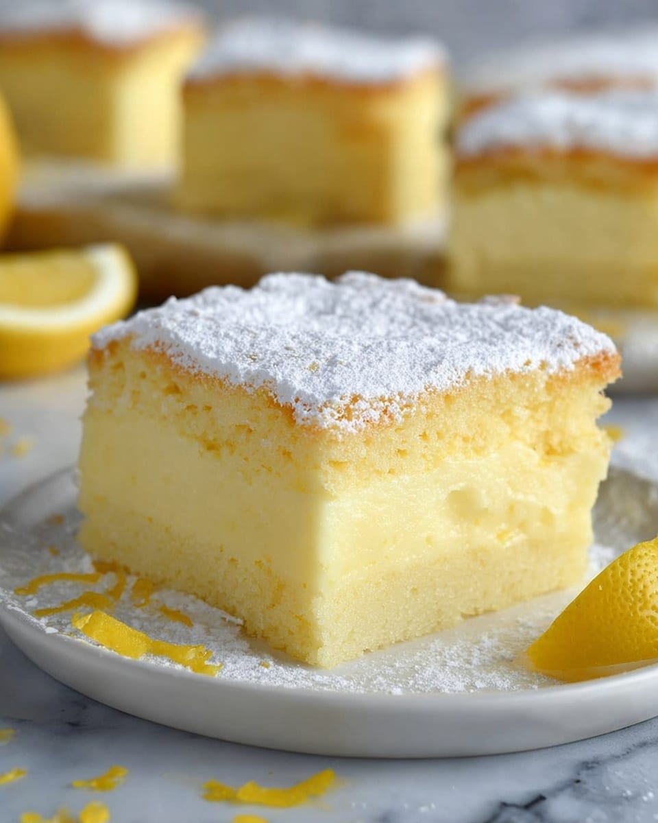 The image shows a close-up of a lemon custard square dessert with two clear layers: the bottom layer is a thick, smooth, pale yellow custard, and the top layer is a light, fluffy, yellow sponge cake dusted with white powdered sugar. The dessert is cut into square pieces placed on a white marbled surface, with small lemon wedge pieces and zest scattered around. The background features more pieces of the same dessert, slightly out of focus to emphasize the front piece. photo taken with an iphone --ar 4:5 --v 7