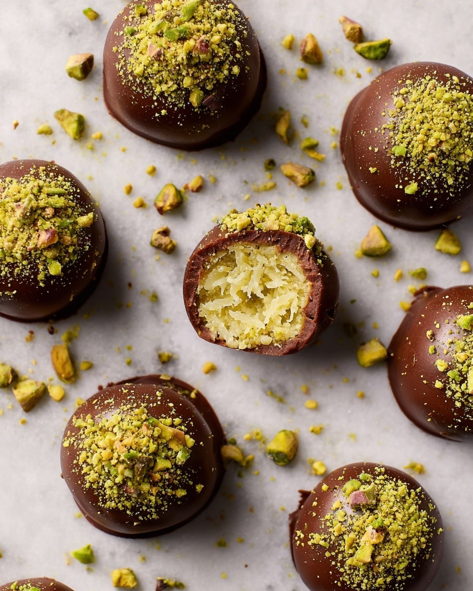 This image shows round chocolate balls arranged on a white marbled surface. Each ball has one layer of smooth milk chocolate coating the outside, topped with a layer of finely crushed green pistachios. One ball is cut in half, revealing an inner layer of finely shredded pale yellow-green filling with a soft texture. Small pieces of pistachio are scattered around the balls on the surface. The lighting is soft, highlighting the glossy chocolate and textured topping. photo taken with an iphone --ar 4:5 --v 7