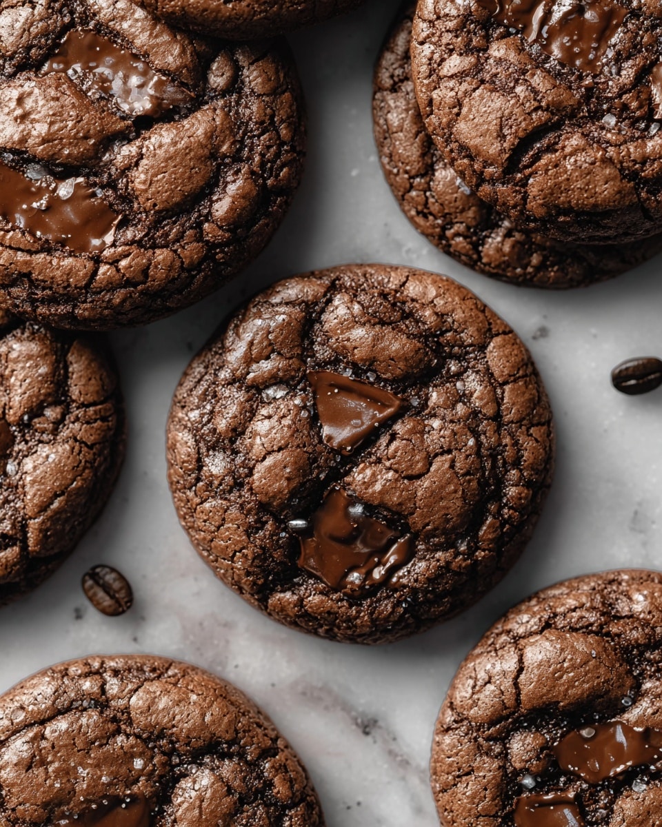 Close-up view of several thick, round chocolate cookies arranged on a white marbled surface. Each cookie has a cracked, slightly rough texture on top with darker shiny pools of melted chocolate chunks embedded within. The cookies overlap slightly, showing their soft, fudgy centers and crisp edges. Scattered around the cookies are a few small coffee beans, adding contrast to the dark brown color of the cookies and the white marbled background. Photo taken with an iphone --ar 4:5 --v 7