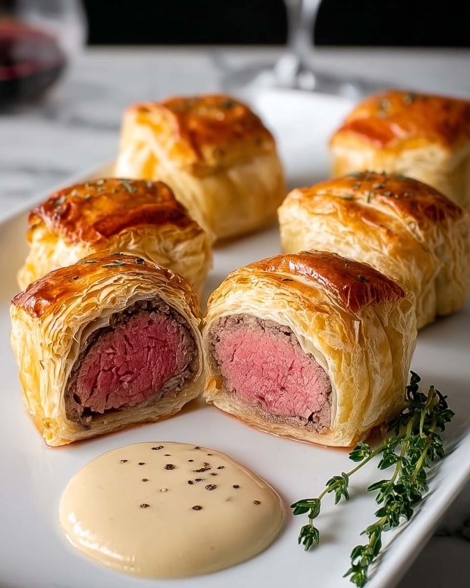 The image shows six small, golden-brown pastries on a white square plate placed on a white marbled surface. Each pastry is made of a flaky, shiny puff pastry outer layer that is light golden and slightly crisp. Inside, there is a thick, tender layer of pinkish-red cooked meat contrasting with a thin outer layer of brown cooked meat around it. Two of the pastries are cut in half, revealing the juicy meat center and the layered pastry surrounding it. On the plate near the front, there is a smooth dollop of light beige creamy sauce with a few black pepper bits on top. A sprig of fresh green herb, likely thyme, runs along the side of the plate, adding a touch of color. Photo taken with an iphone --ar 4:5 --v 7