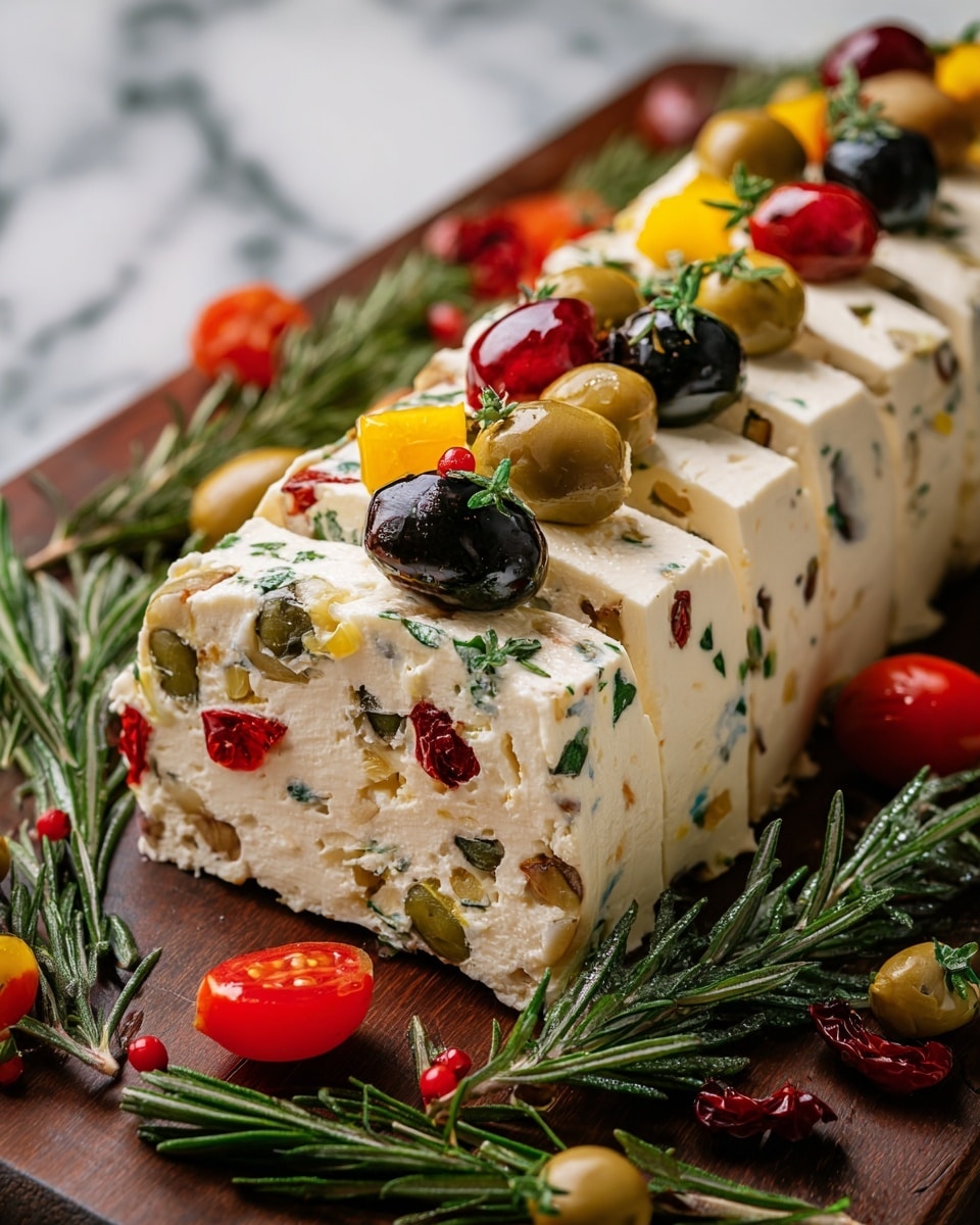 The dish shows a long log of creamy white cheese mixed with pieces of green olives, red peppers, and fresh green herbs inside. The top layer is decorated with shiny whole olives in black, green, and red, along with small pieces of bright yellow and red peppers and finely chopped green herbs. The cheese log is placed on a dark wooden board surrounded by sprigs of rosemary, whole green and black olives, and small red cherry tomatoes. The background is a white marbled texture. photo taken with an iphone --ar 4:5 --v 7