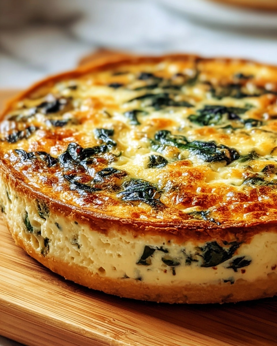 The image shows a round, thick spinach and cheese quiche with a golden brown top layer that has melted cheese mixed with green spinach leaves visible on the surface. The middle to lower layers are creamy pale yellow with bits of spinach spread evenly inside. It sits directly on a wooden board, and in the blurred background, there is a white cup filled with a dark liquid, likely coffee, on a white marbled surface. The edges of the quiche are slightly browned and textured, showing a firm crust around the soft filling. photo taken with an iphone --ar 4:5 --v 7