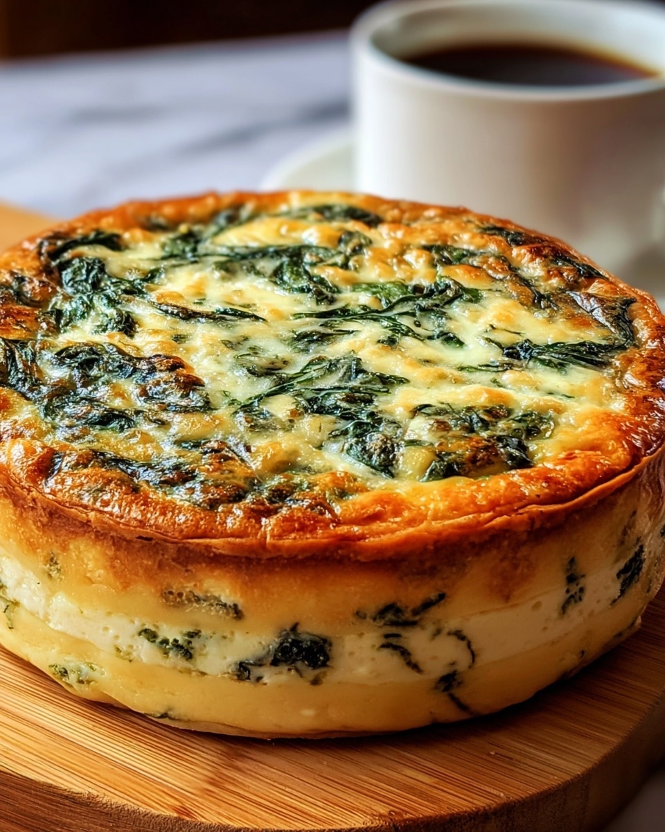 A close-up image of a round quiche with a golden brown top layer showing melted cheese with scattered dark green spinach pieces. The middle and bottom layers are creamy and light beige with visible small chunks of spinach throughout. It sits on a wooden board with a blurred white marbled texture background. The edges of the quiche are smooth and slightly browned, showing a consistent texture all around. Photo taken with an iphone --ar 4:5 --v 7