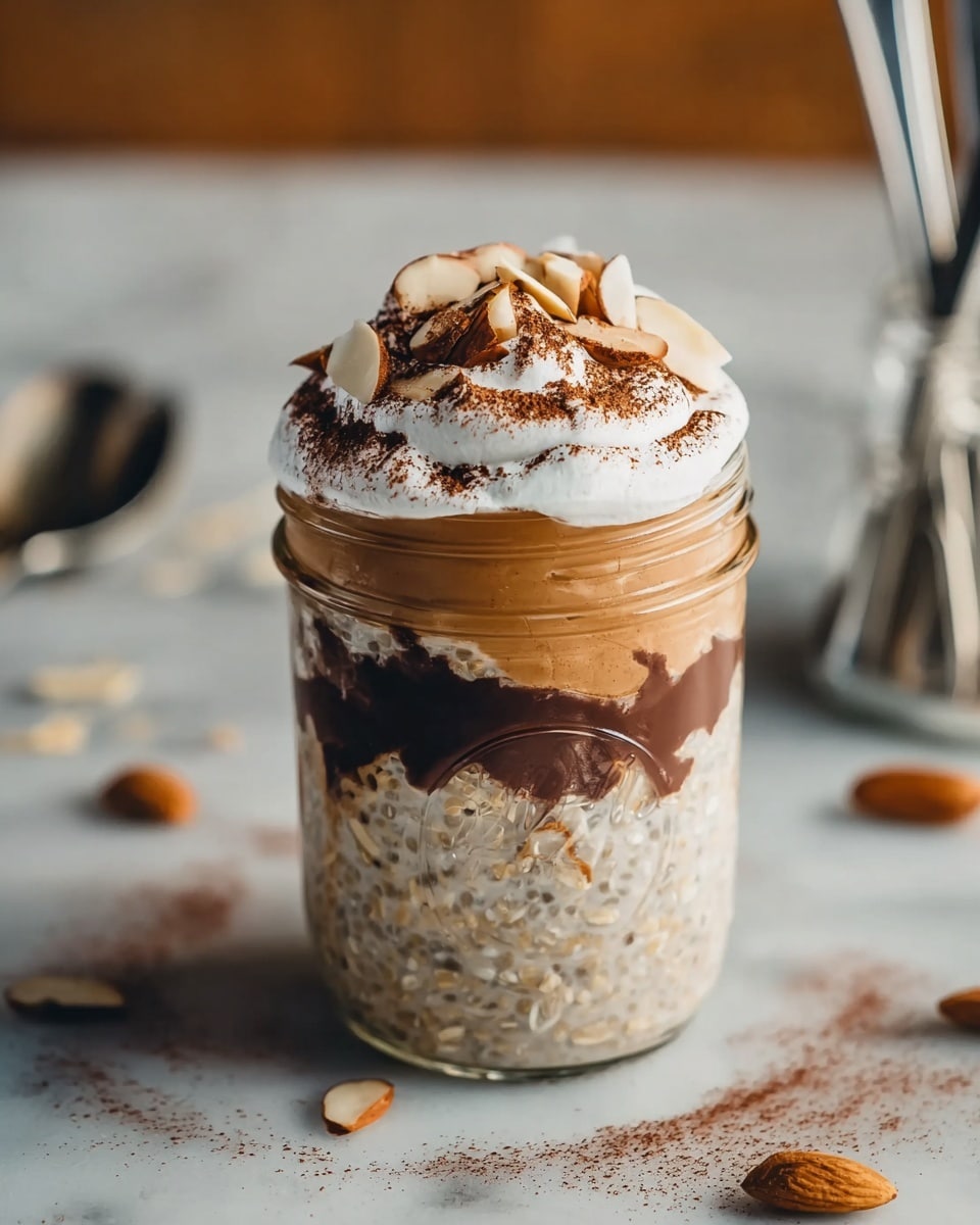 A clear glass holds a layered dessert with four distinct layers: the bottom layer is light beige oats with a rough texture, the second layer is a swirl of dark brown chocolate sauce, the third layer is a creamy light brown coffee mousse with some dark specks, and the top layer is whipped cream dusted with cocoa powder and topped with dark brown chocolate chips. The glass sits on a round wooden board with coffee beans scattered on the left side and a silver spoon to the right. The background shows blurred kitchen utensils and a green plant against a white marbled surface. photo taken with an iphone --ar 4:5 --v 7