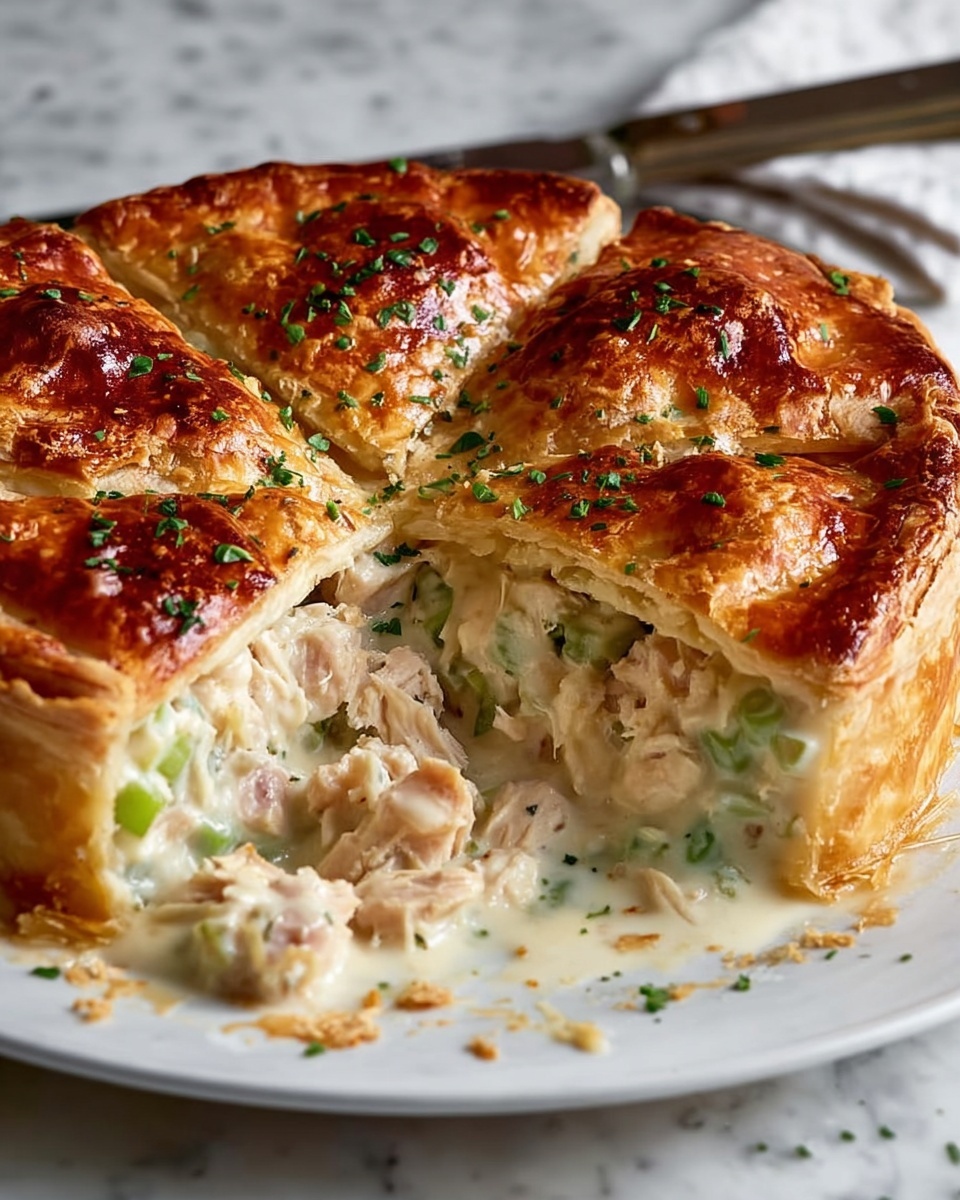 A white plate holds a golden brown baked pie cut into wedges, revealing four visible layers: a flaky, crispy top crust with a shiny, browned surface and small sprinkles of green herbs; below it, a thick creamy white sauce mixed with tender chunks of light pink chicken and small bright green celery pieces; the pie's base is a thick, firm, golden crust matching the top; some creamy filling and chicken pieces spill onto the plate, showing a rich and moist texture. The background surface is a white marbled texture with a knife in the upper background. photo taken with an iphone --ar 4:5 --v 7