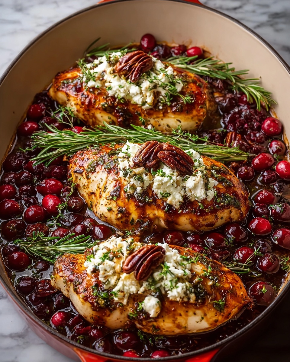 The image shows four thick, golden-brown roasted chicken breasts in a deep white roasting pan, each breast topped with a generous dollop of white, crumbly goat cheese, a few dark reddish-brown pecans, and a fresh green rosemary sprig. The chicken is coated with green chopped herbs and surrounded by a glossy sauce filled with whole, bright red cranberries that glisten, adding a pop of color to the dish. The edges of the chicken are slightly crisp and browned. The pan sits on a white marbled surface. photo taken with an iphone --ar 4:5 --v 7