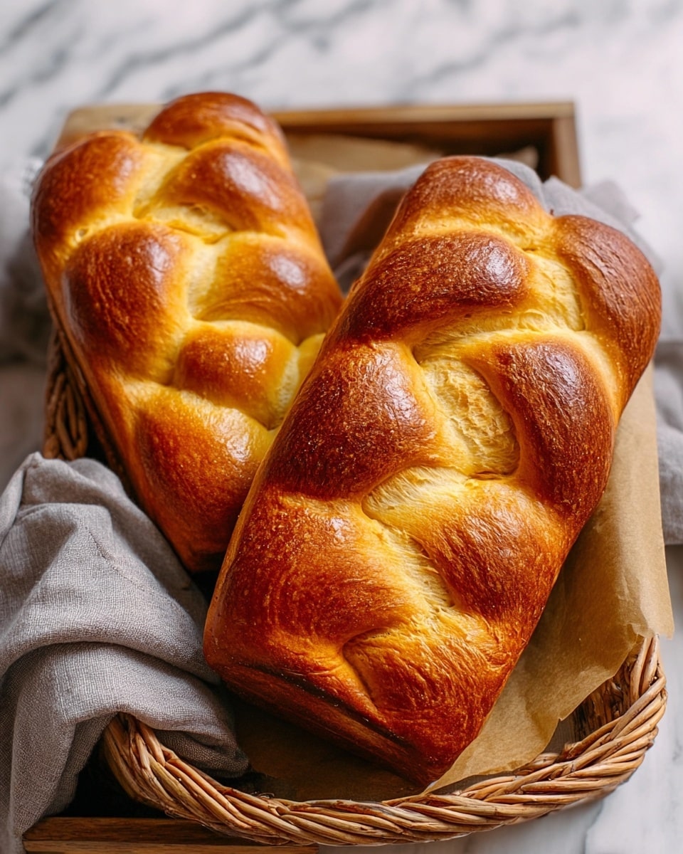 There is a shiny golden-brown braided bread loaf resting on brown parchment paper inside a woven basket, which is placed on a wooden tray. One piece of the bread is torn off and positioned in front of the loaf, showing the soft and fluffy light beige inside with a slightly textured crumb. The braided bread has a smooth, glossy top with light darker spots where it browned more. A dark gray cloth is casually draped in the background. The surface under the tray is white marbled texture. photo taken with an iphone --ar 4:5 --v 7