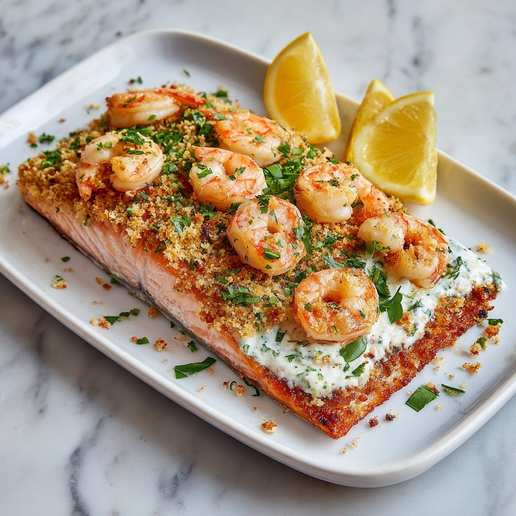 The dish shows a rectangular white plate with a piece of cooked salmon as the base layer, its surface golden brown and crispy with herbs sprinkled on top. On the salmon, there is a creamy layer mixed with chopped green herbs, adding a soft white and green texture. Scattered on this creamy layer are several small, pink shrimp that look slightly grilled and shiny. At the back of the plate, two lemon wedges stand upright, bright yellow and fresh. The whole plate rests on a white marbled texture surface. photo taken with an iphone --ar 4:5 --v 7