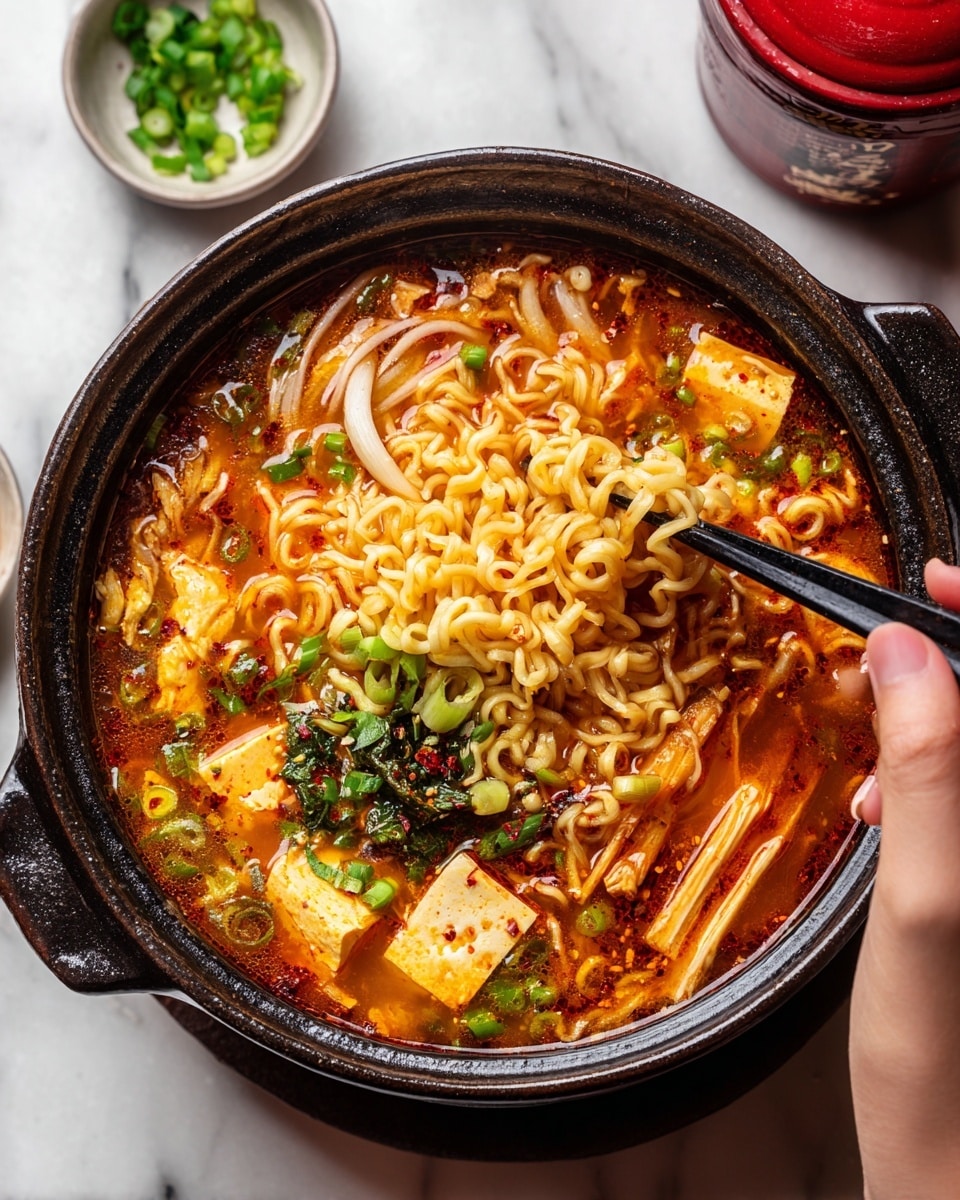 A black round pot filled with spicy orange-red broth with visible oil and chili flakes, containing soft yellow curly ramen noodles being lifted with black chopsticks held by a woman's hand on the right side; inside the broth, there are layers of sliced onions, white tofu blocks, pale beige enoki mushrooms, green onion pieces scattered on top, and slightly wilted green leaves, all sitting on a white marbled surface with a small white bowl of chopped green onions and a red container blurred in the background. Photo taken with an iphone --ar 4:5 --v 7