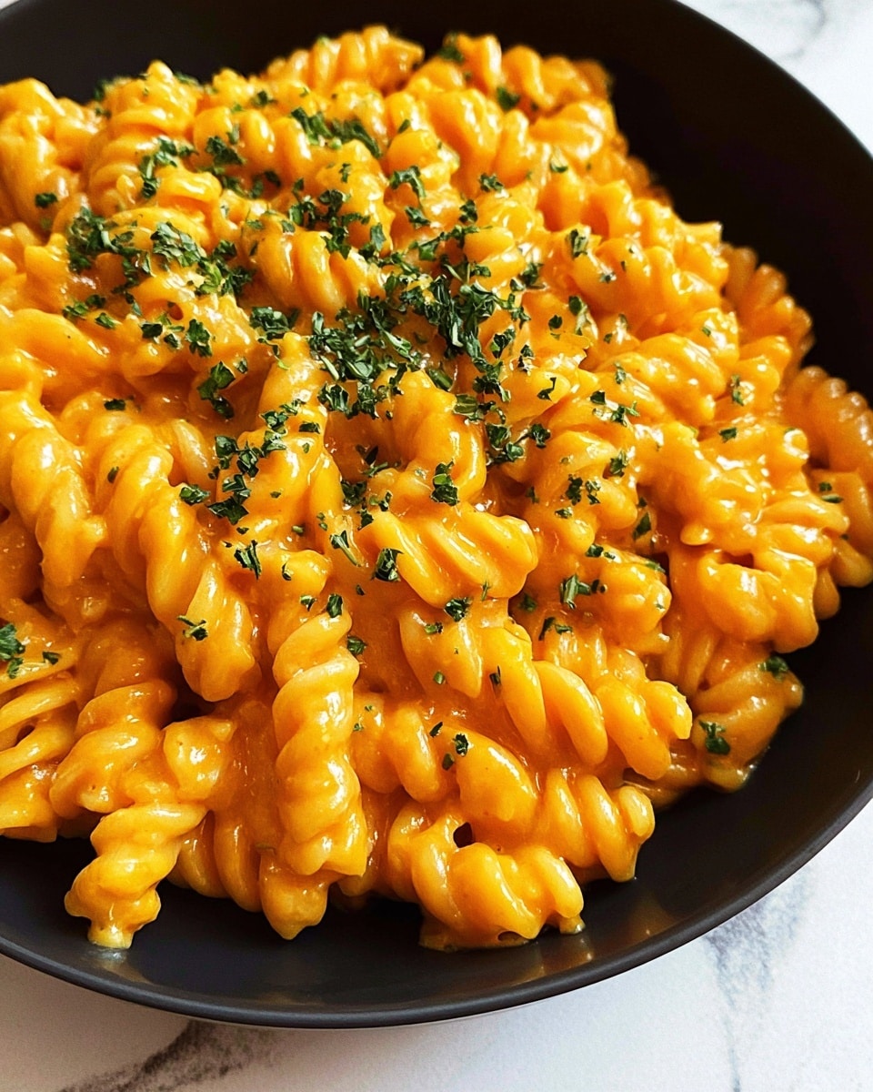 A close-up of a black bowl filled with short, spiral-shaped pasta covered in a thick, creamy orange cheese sauce. The pasta is well coated, shiny, and looks soft, with chopped green herbs scattered evenly on top. The bowl sits on a white marbled surface, enhancing the bright orange and green colors in the pasta dish. Photo taken with an iphone --ar 4:5 --v 7