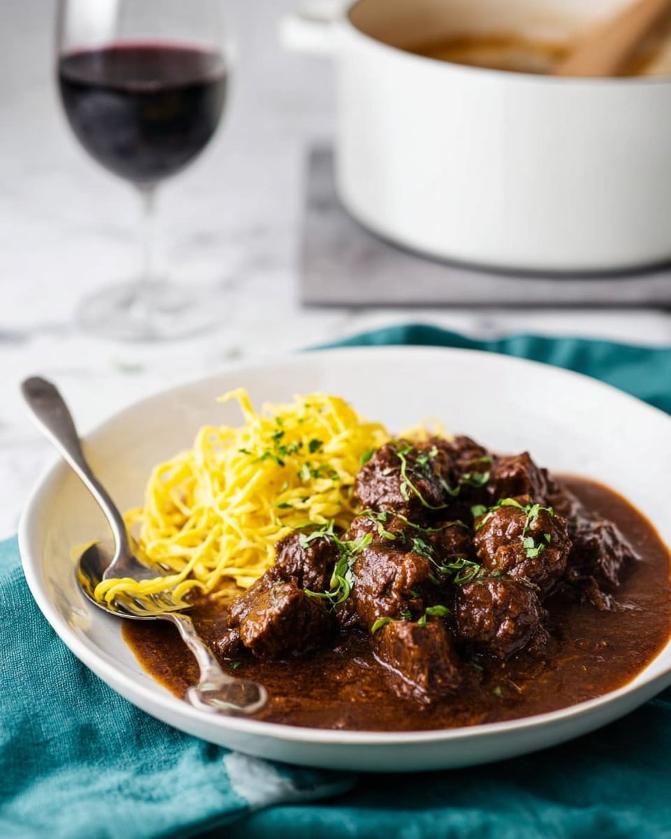 A white plate resting on a teal cloth with a serving of meat stew and yellow noodles. The dish has a thick dark brown sauce coating tender pieces of beef, garnished with small green herb leaves sprinkled on top. The yellow noodles are placed on one side of the plate, slightly twirled, with a shiny silver spoon and fork beside them. In the background, there is a white pot with a wooden spoon inside on a white marbled surface and a glass of dark red wine. photo taken with an iphone --ar 4:5 --v 7