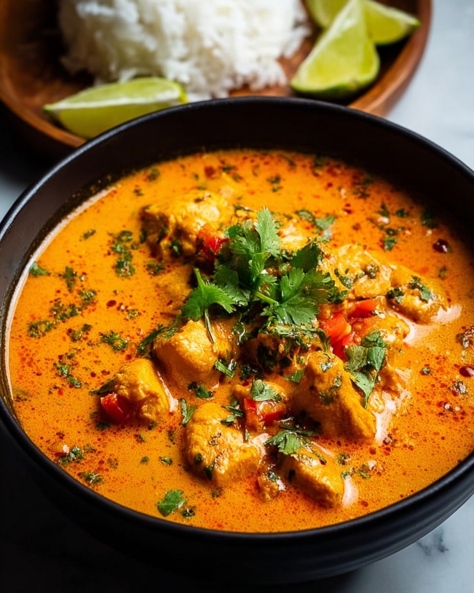 A close-up of a black bowl filled with bright orange creamy curry containing chunky pieces of chicken and small bits of red vegetables, garnished generously with fresh green cilantro leaves on top and scattered throughout. The bowl is placed on a white marbled surface with a small wooden plate in the background holding a mound of white rice and lime wedges. The curry looks rich and slightly oily with visible herbs and spices, creating a warm and inviting texture. photo taken with an iphone --ar 4:5 --v 7