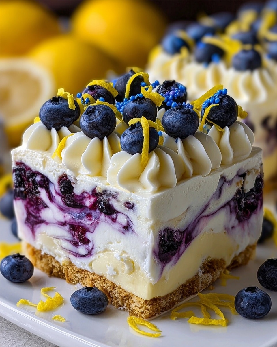 A close-up of a square creamy dessert on a white plate, showing three main layers: the bottom layer is a crumbly light brown crust, the middle layer is a thick white cream swirled with deep purple blueberry streaks and whole blueberries embedded inside, and the top layer is a smooth white cream with piped rosettes decorated with whole blueberries, small blue round sprinkles, and thin yellow lemon peel strips scattered around. The white marbled surface is blurred in the background with yellow lemons faintly visible. Photo taken with an iphone --ar 4:5 --v 7