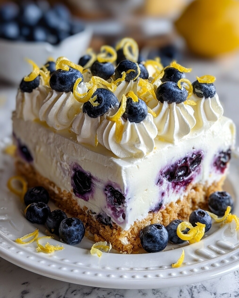 A square slice of creamy blueberry dessert is shown on a white plate with decorative edges, placed on a white marbled surface. The bottom layer is a thick, crumbly golden-brown crust. Above this is a thick white creamy layer filled with whole blueberries that create deep purple spots inside. The top surface is decorated with swirls of smooth white cream, each topped with whole, fresh blueberries and curly yellow lemon zest. Some blueberries and lemon zest pieces are scattered around the plate, adding to the fresh look. Photo taken with an iphone --ar 4:5 --v 7